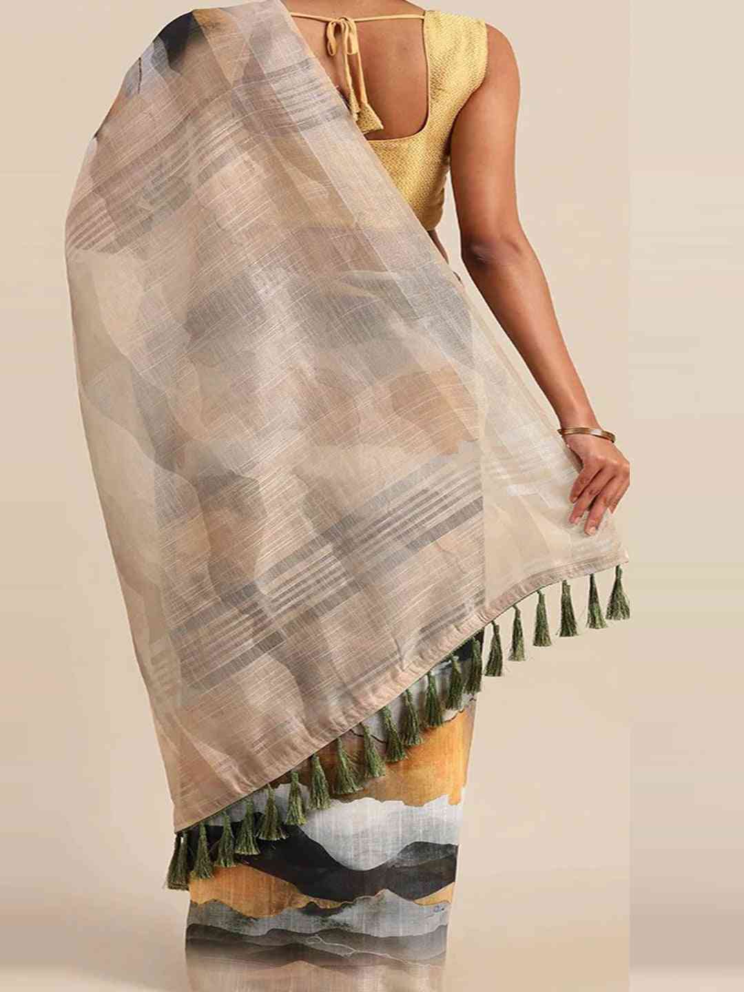 Beige Colour Linen Digital Print Saree