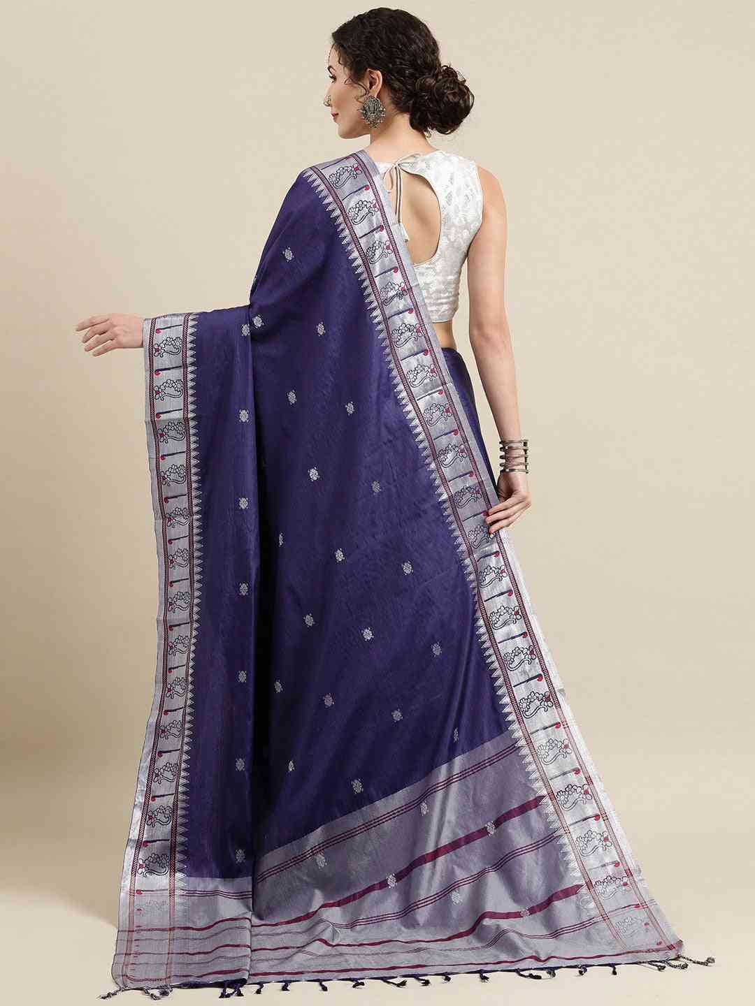 Beautiful Blue Colour Zari Silk Cotton Paithani Saree