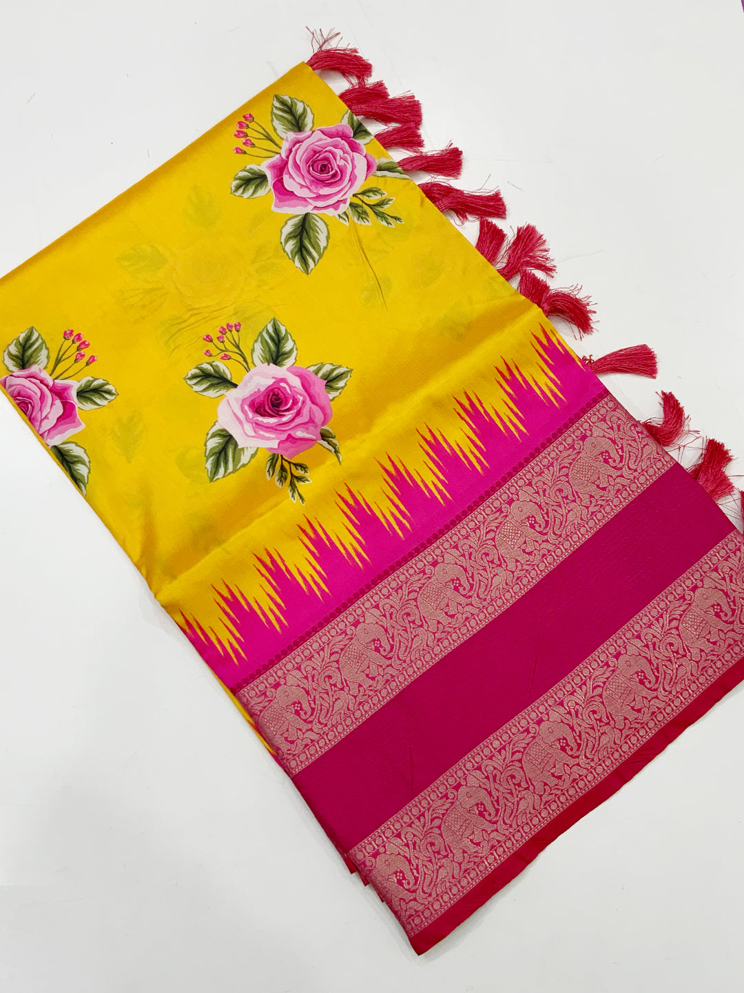 Yellow Floral Gold Zari Weaving Check Saree