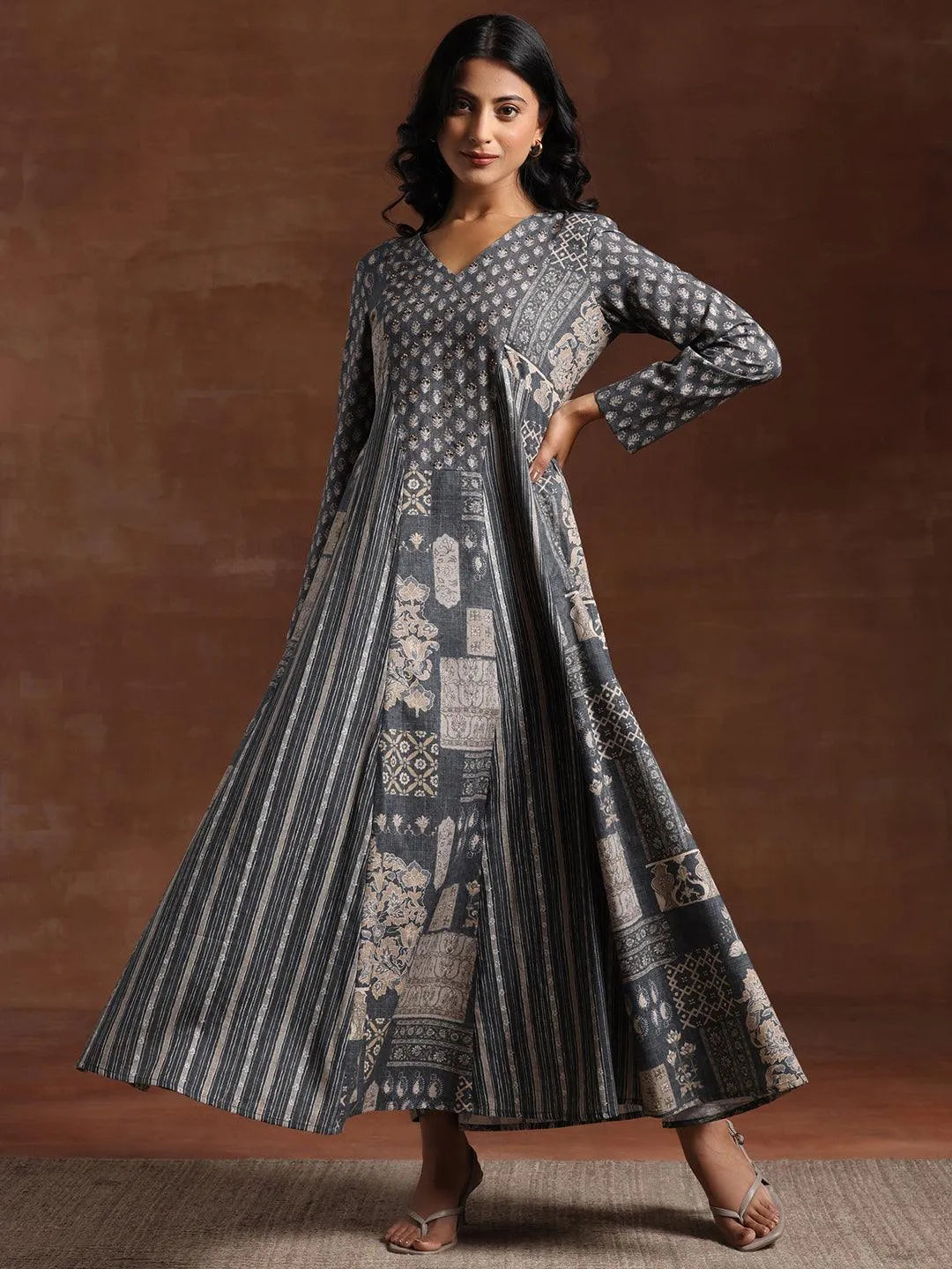 Grey Printed Cotton Blend A-Line Dress by My Store