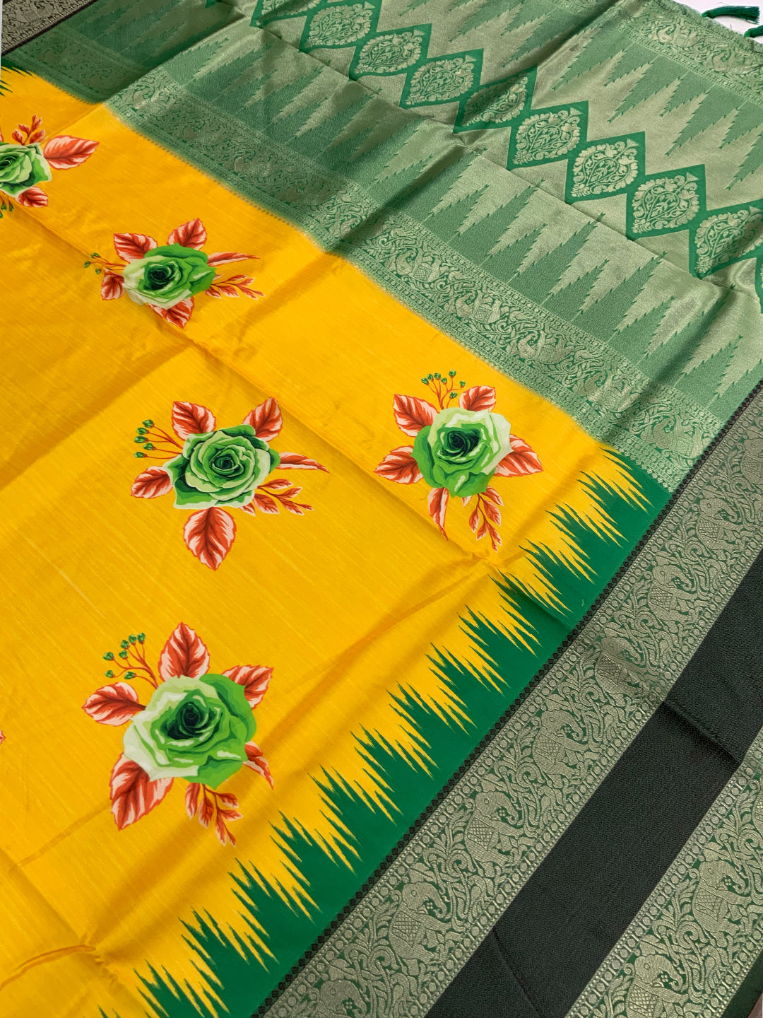 Mustard Floral Gold Zari Weaving Check Saree by My Store