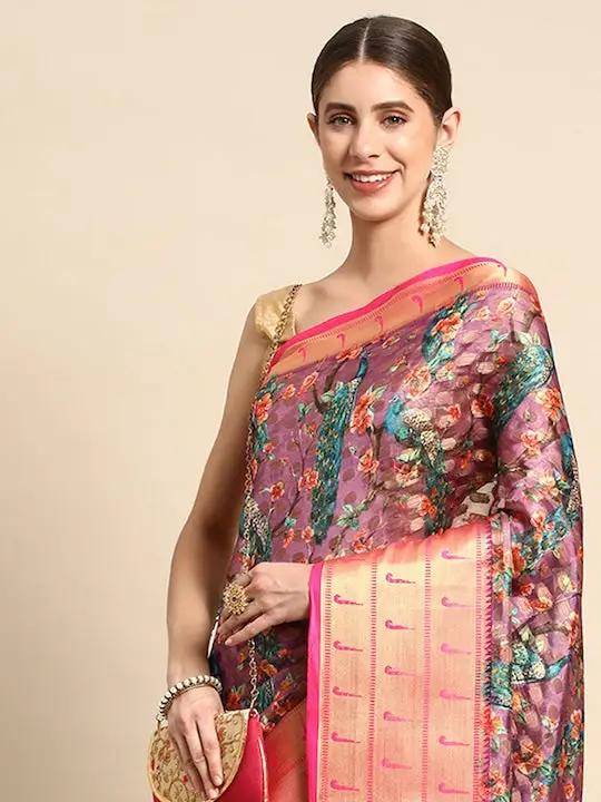 Fine Kora Silk Peacock Print Saree by My Store