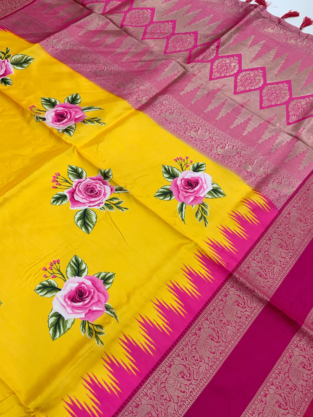 Yellow Floral Gold Zari Weaving Check Saree