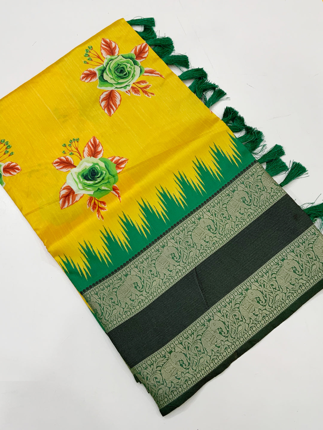 Mustard Floral Gold Zari Weaving Check Saree by My Store