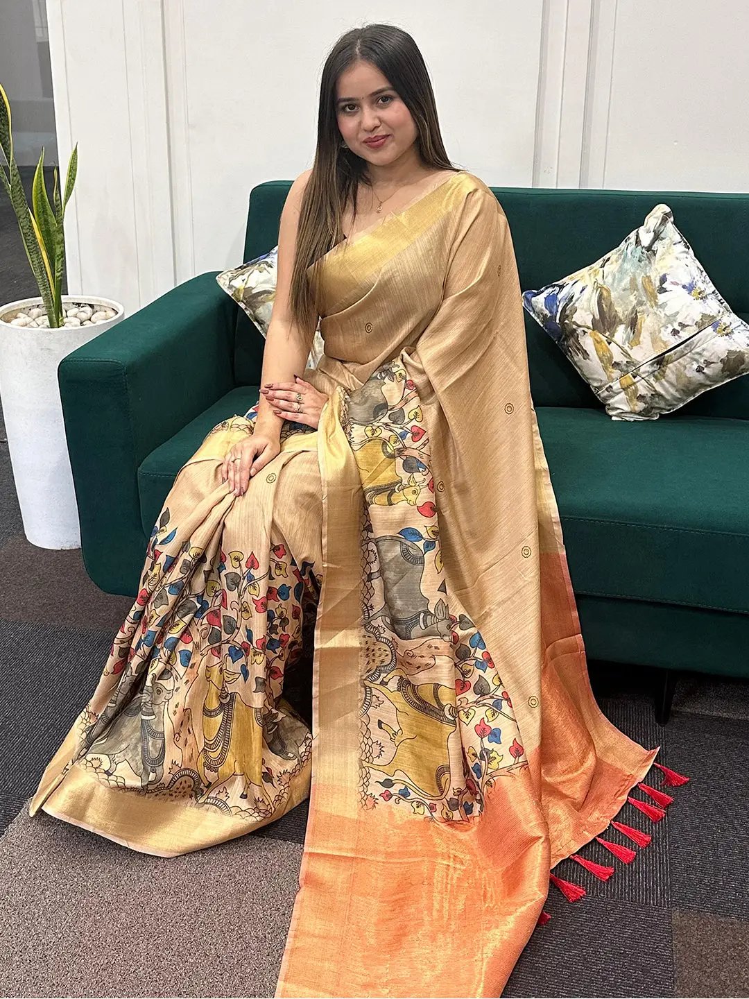 Incredible Pen Kalamkari Linen Tissue Soft Saree by My Store