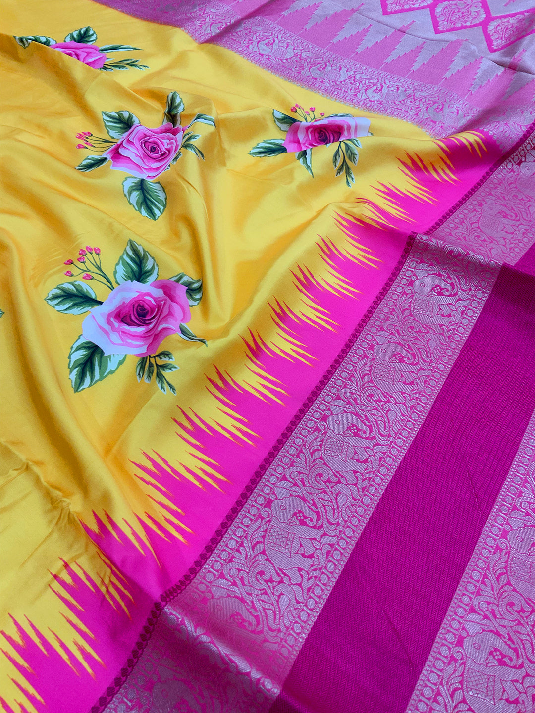 Yellow Floral Gold Zari Weaving Check Saree