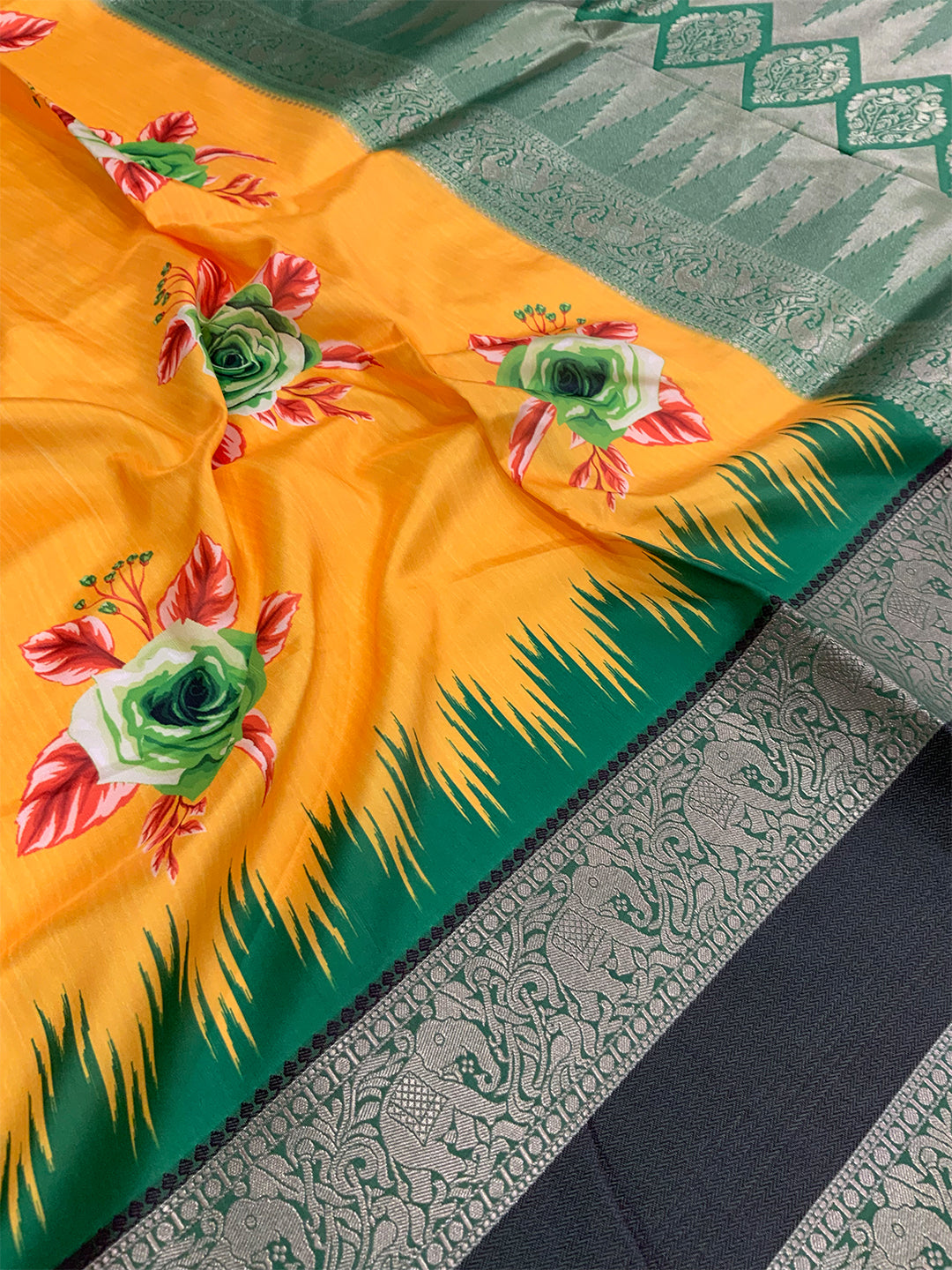 Mustard Floral Gold Zari Weaving Check Saree by My Store