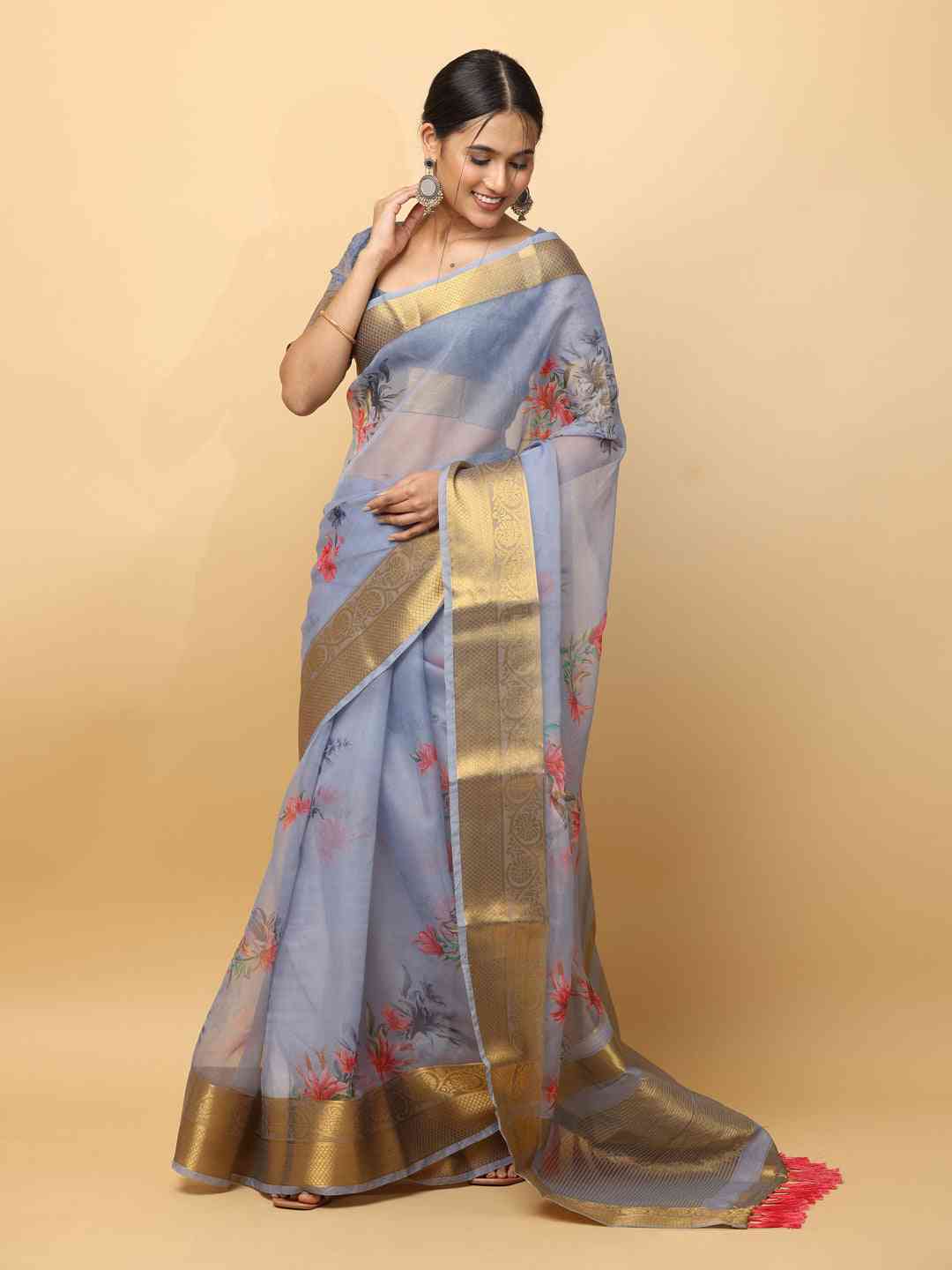 Grey Colour Organza With Gold Zari Border Exclusive Saree by My Store