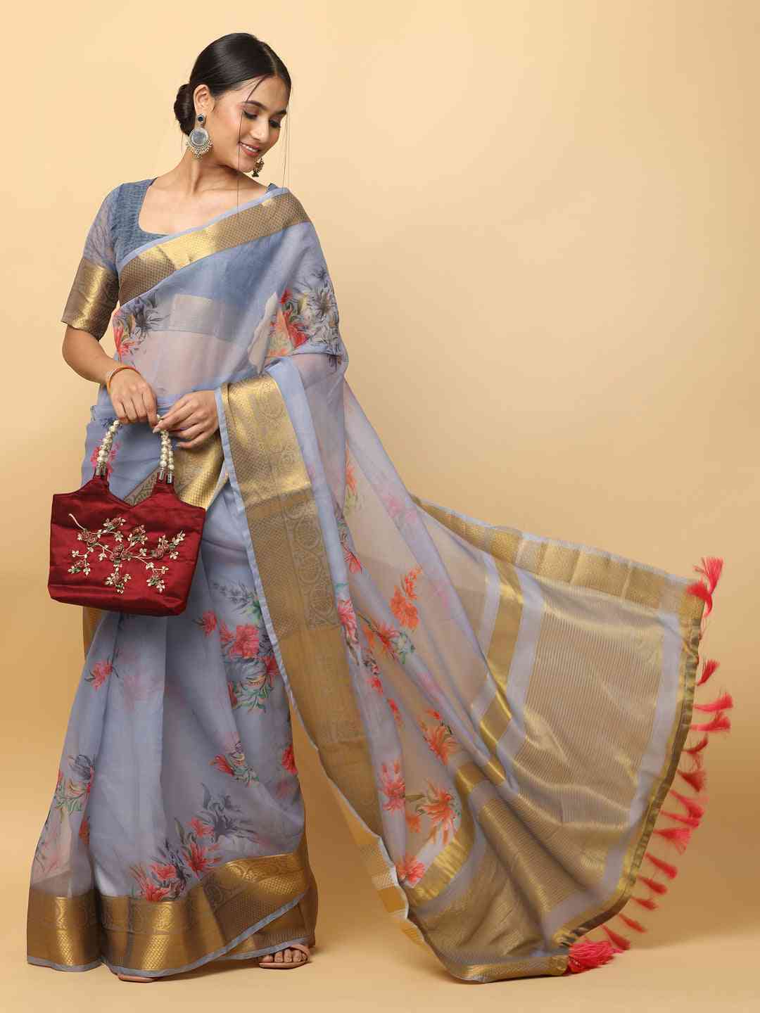 Grey Colour Organza With Gold Zari Border Exclusive Saree by My Store