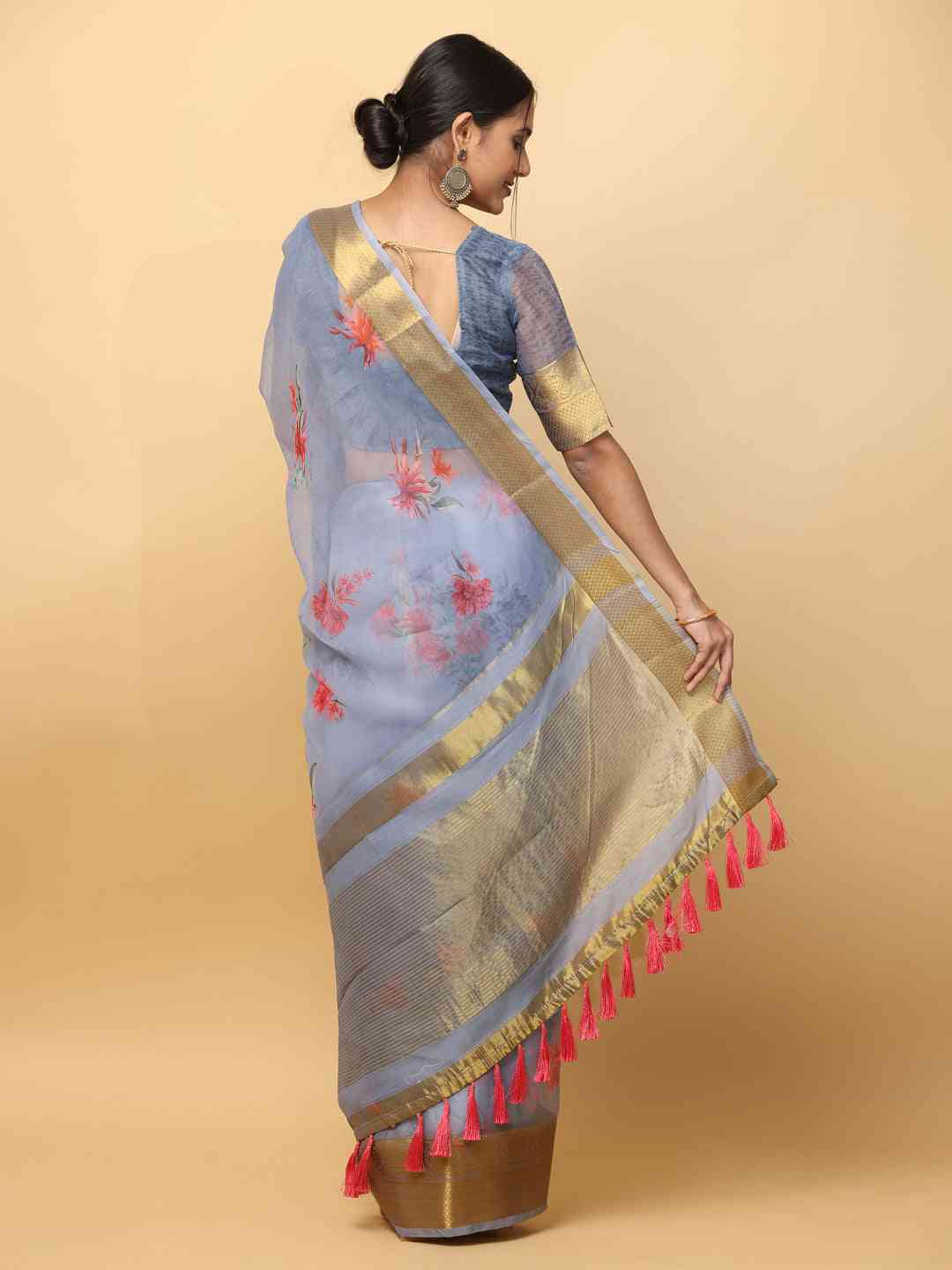 Grey Colour Organza With Gold Zari Border Exclusive Saree by My Store
