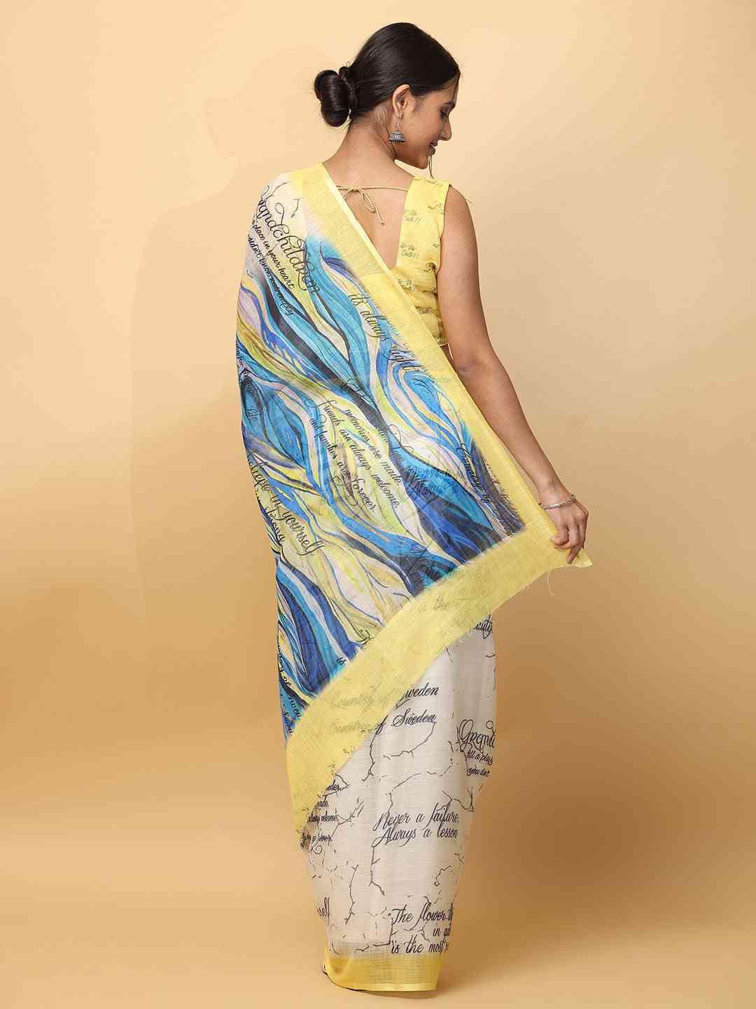 News Paper Trendy Print Soft Linen Party Wear Saree by My Store