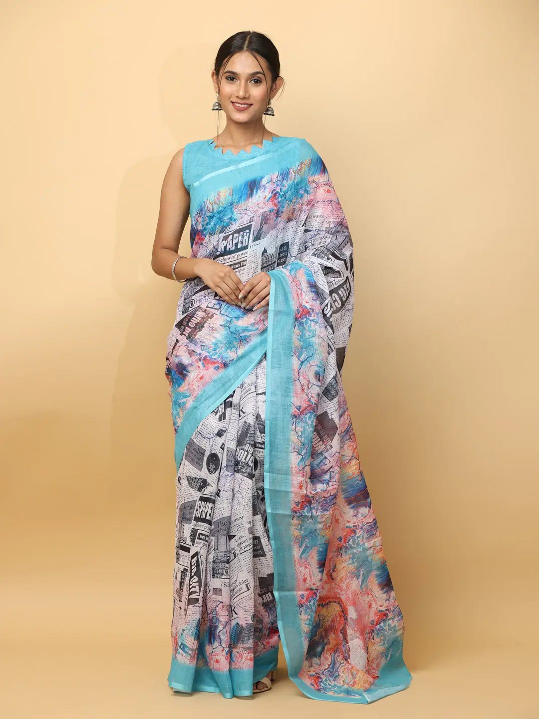 News Paper Trendy Print Soft Linen Party Wear Saree by My Store
