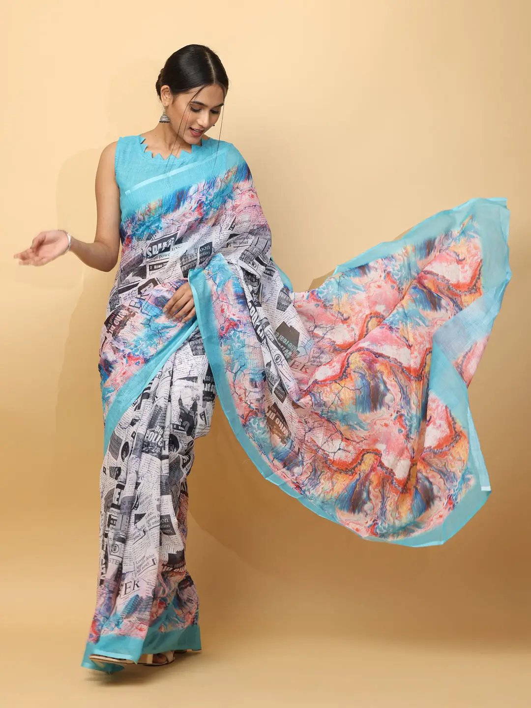 News Paper Trendy Print Soft Linen Party Wear Saree by My Store