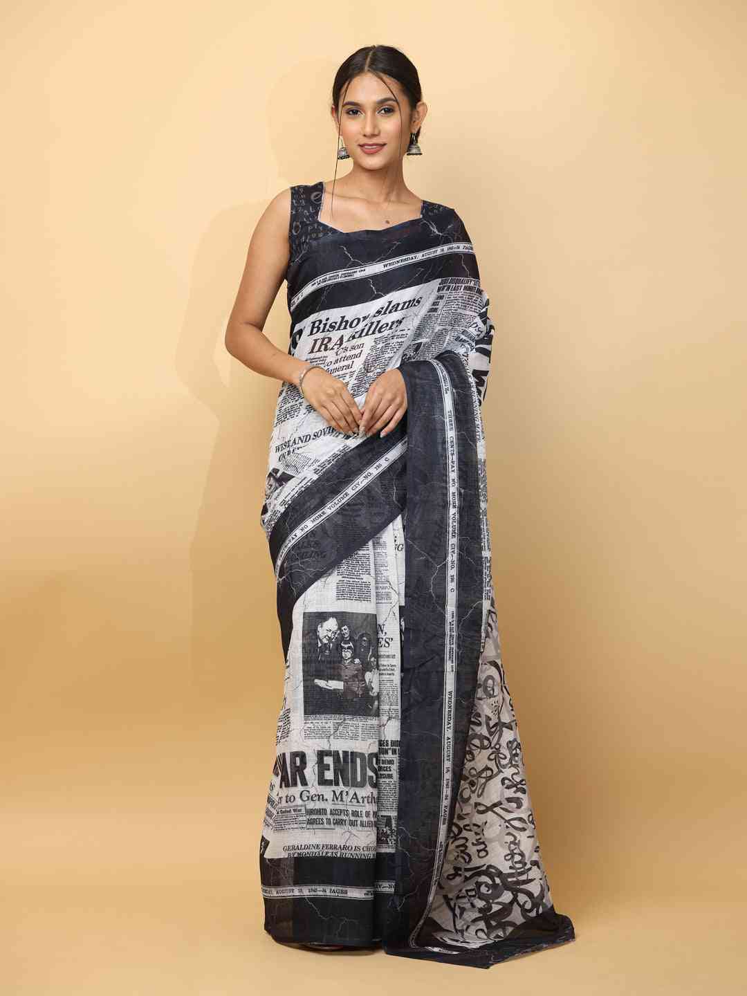 News Paper Trendy Print Soft Linen Party Wear Saree by My Store