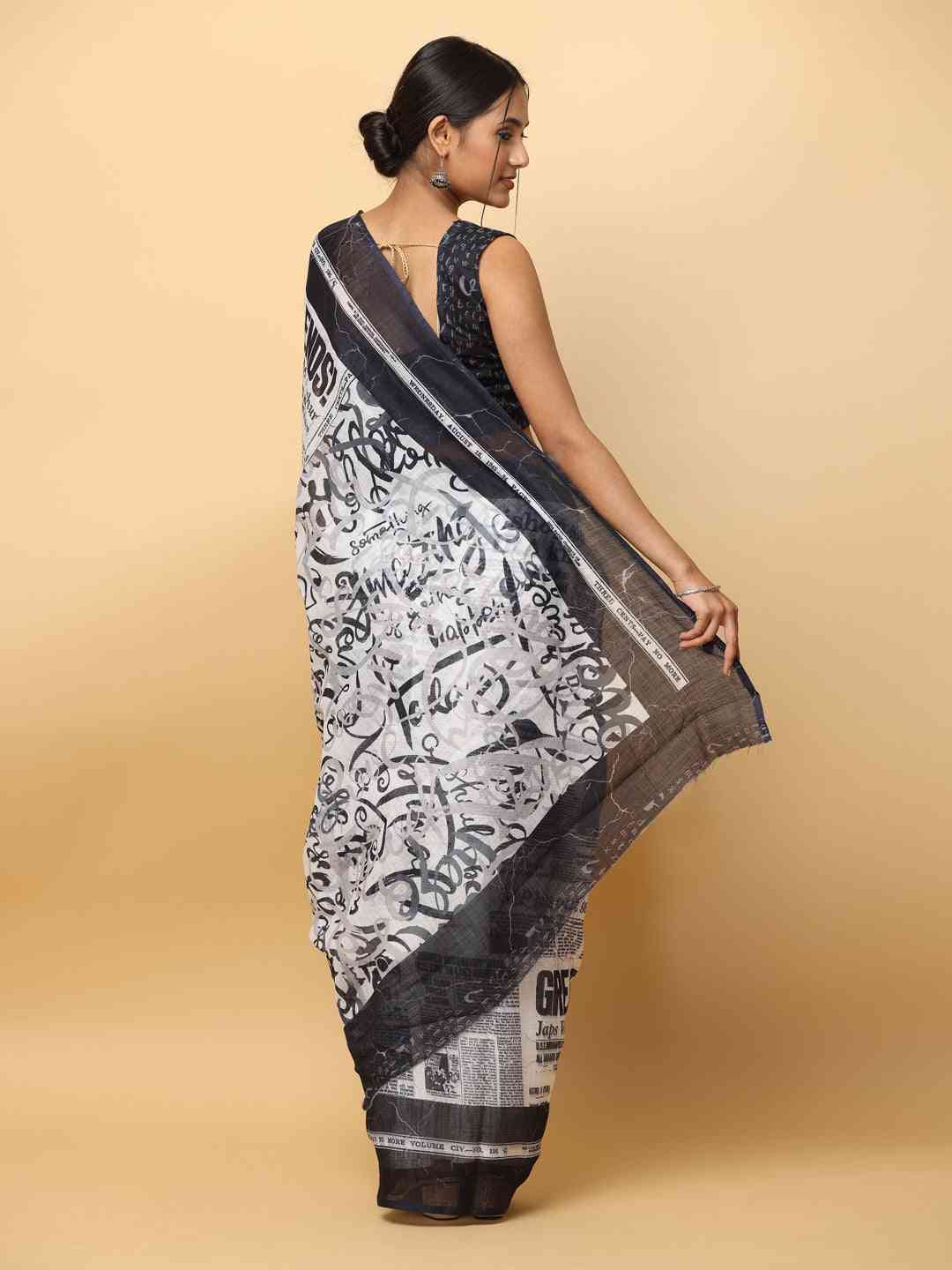 News Paper Trendy Print Soft Linen Party Wear Saree by My Store