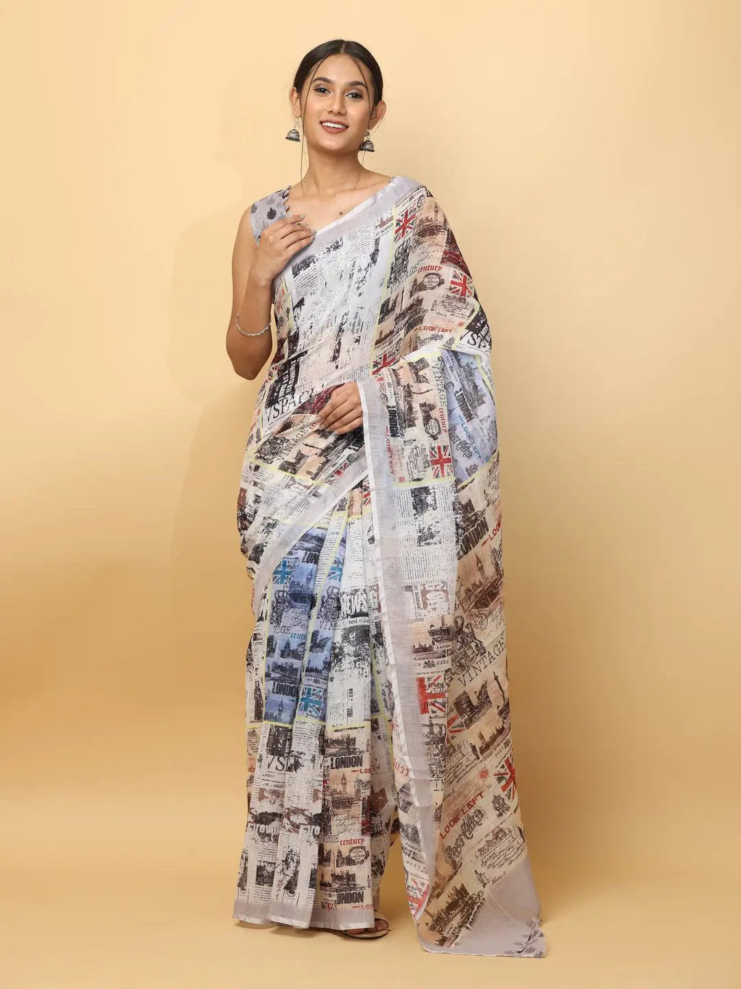 News Paper Trendy Print Soft Linen Party Wear Saree by My Store