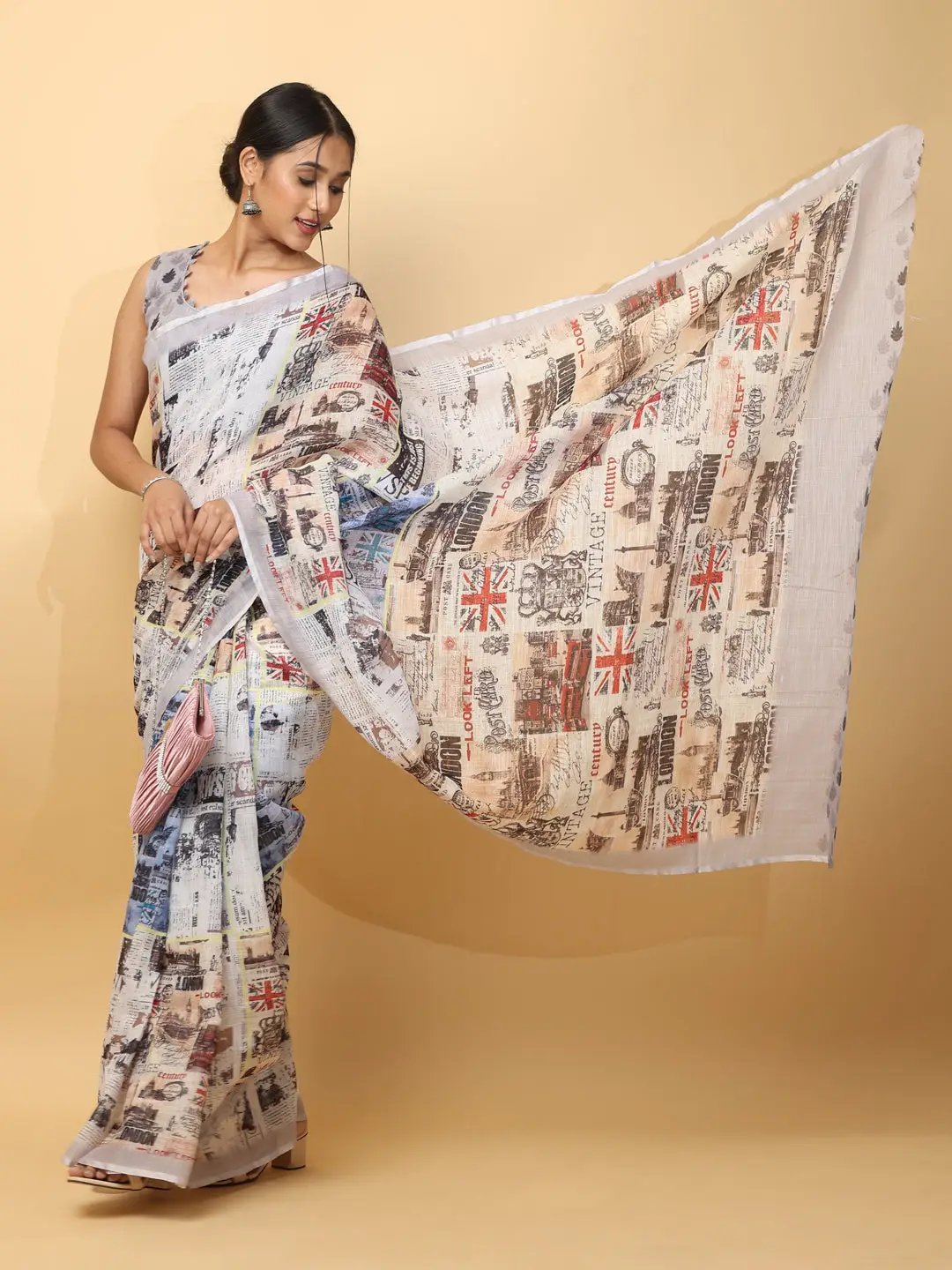 News Paper Trendy Print Soft Linen Party Wear Saree by My Store