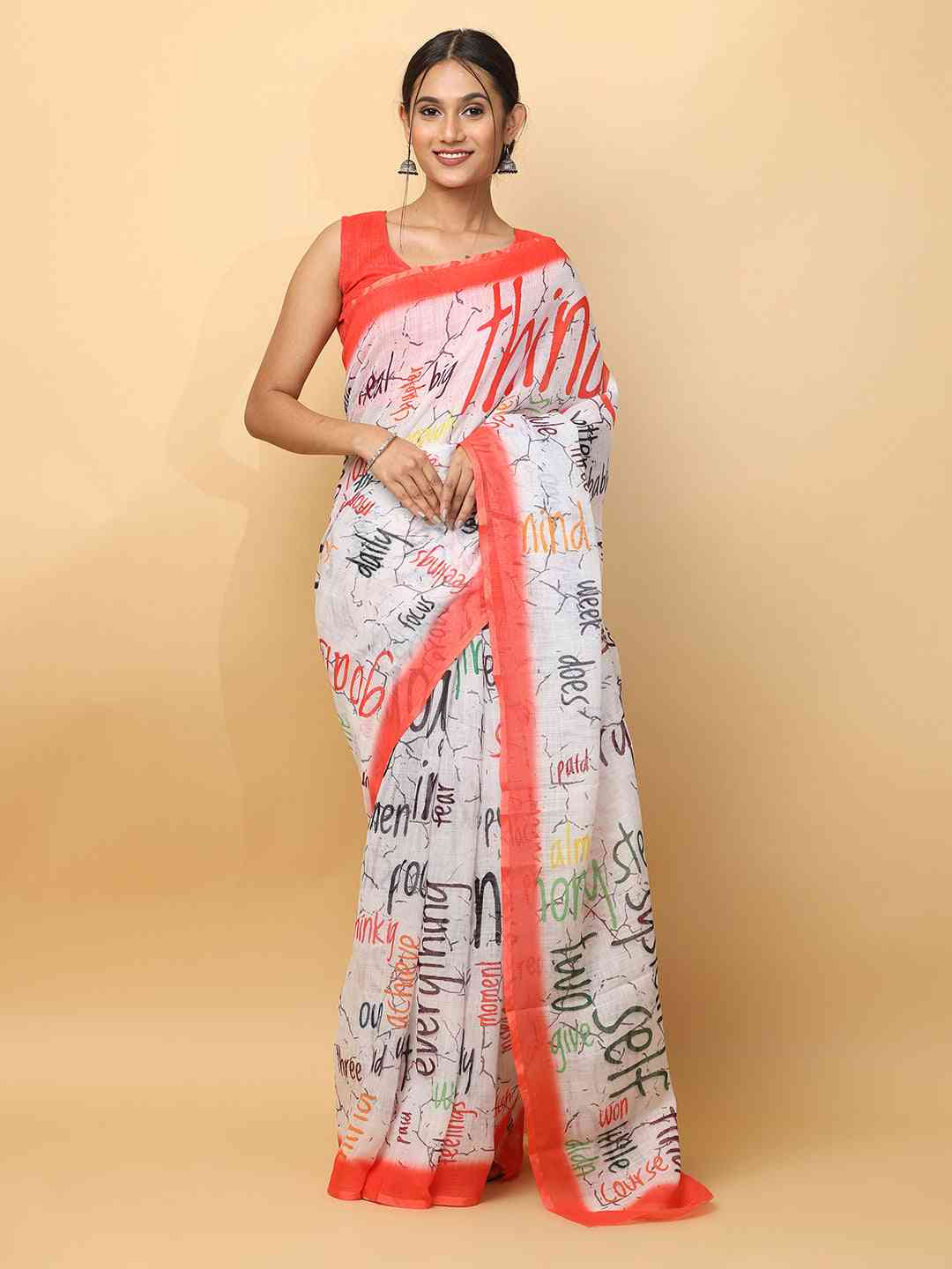 News Paper Trendy Print Soft Linen Party Wear Saree by My Store