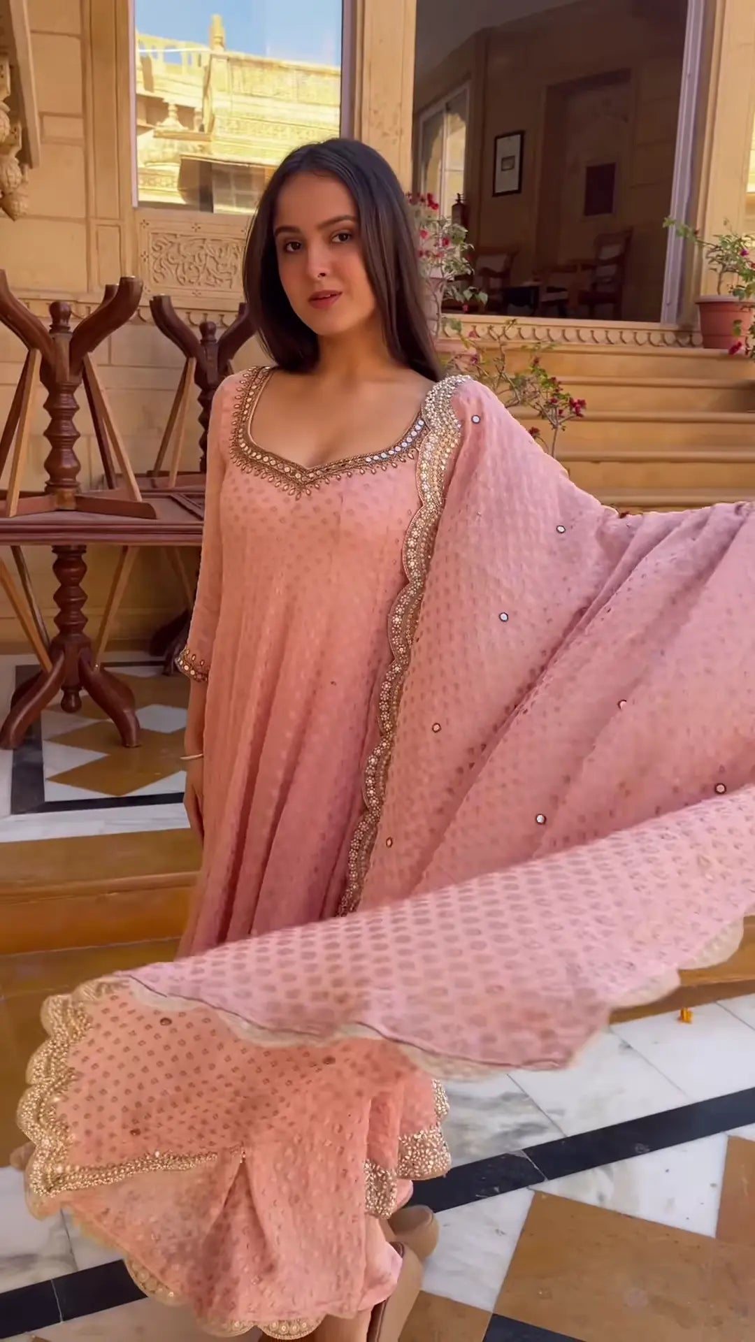 Exquisite Blush Pink Anarkali Suit with Mirror Embellishments & Scalloped Dupatta - My Store