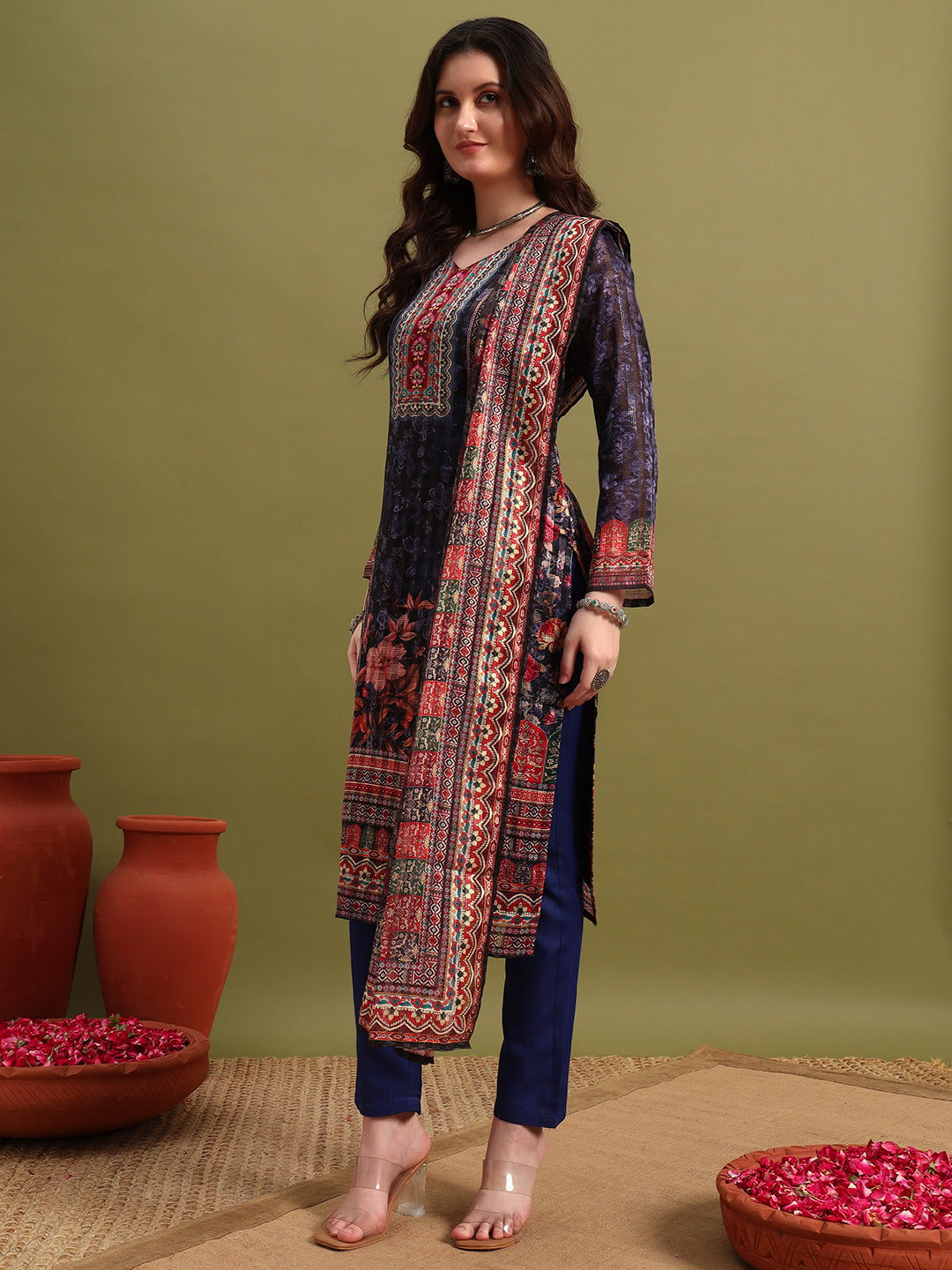 Women’s Blue Printed Straight Kurta Set with Dupatta & Pants