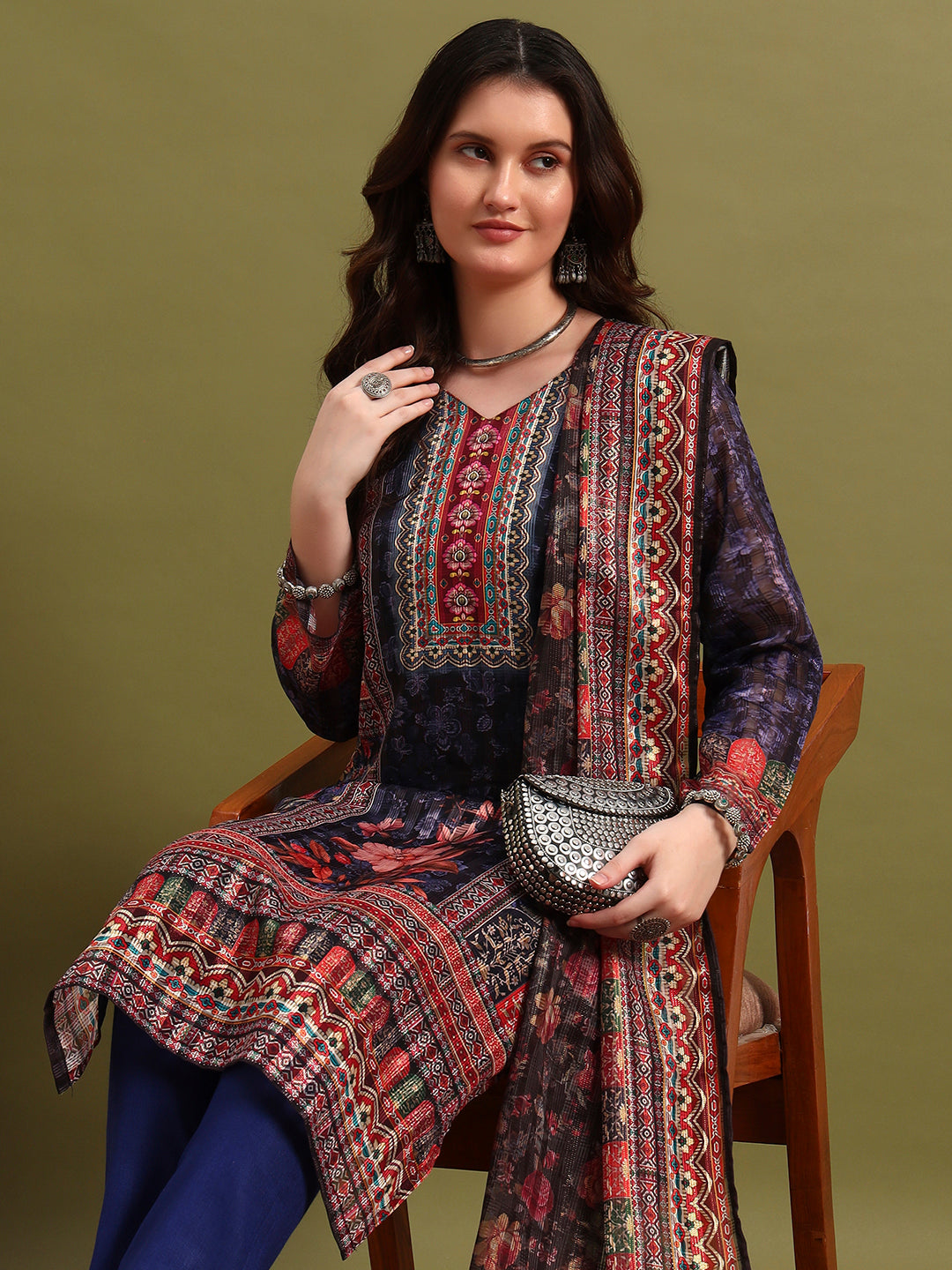 Women’s Blue Printed Straight Kurta Set with Dupatta & Pants