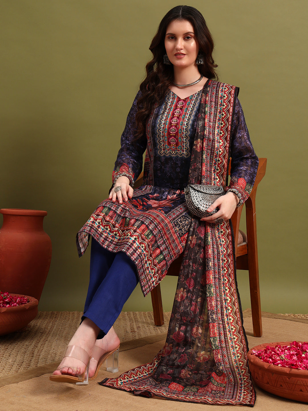 Women’s Blue Printed Straight Kurta Set with Dupatta & Pants