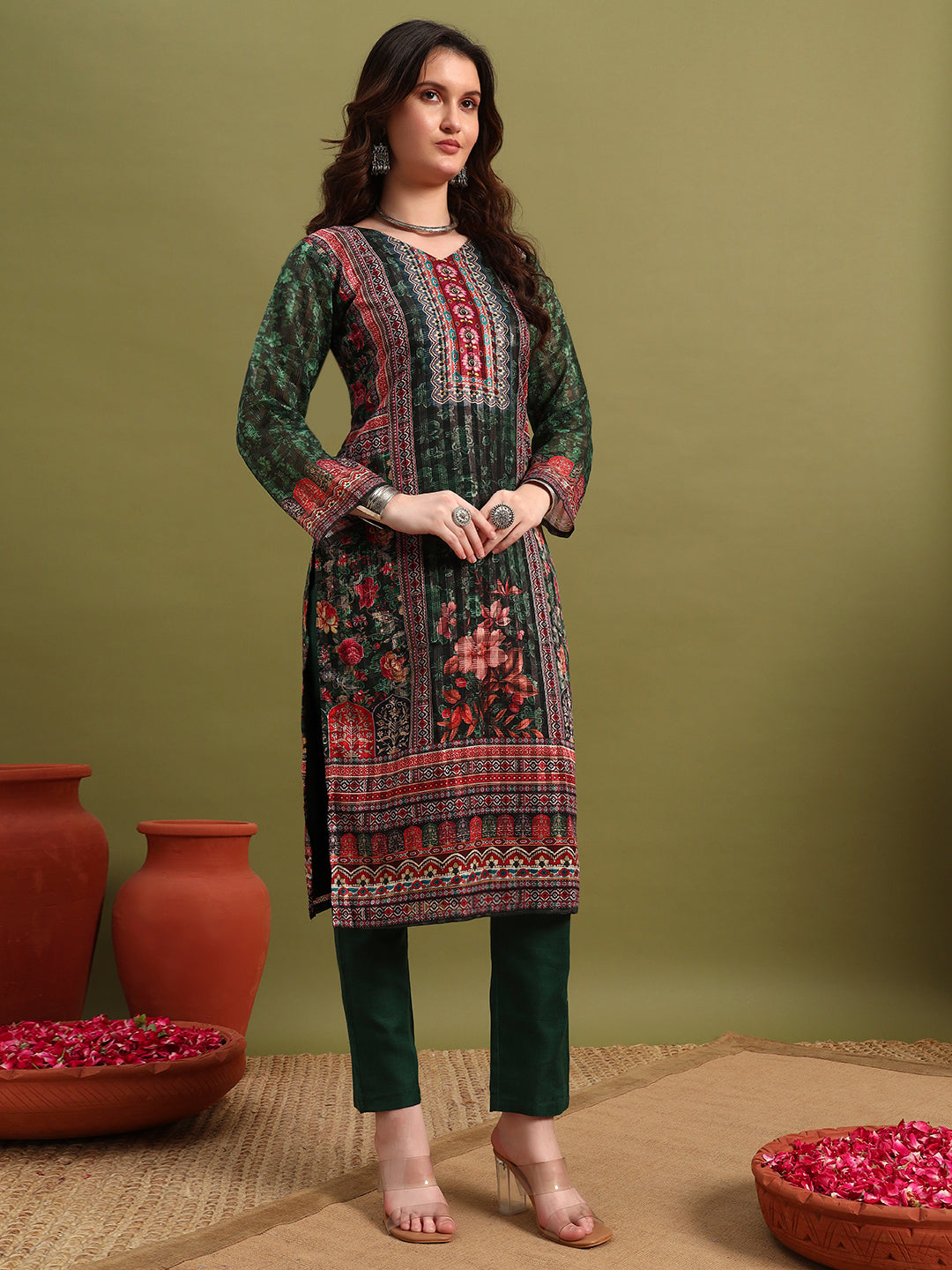 Women’s Green Printed Straight Kurta Set with Dupatta & Pants