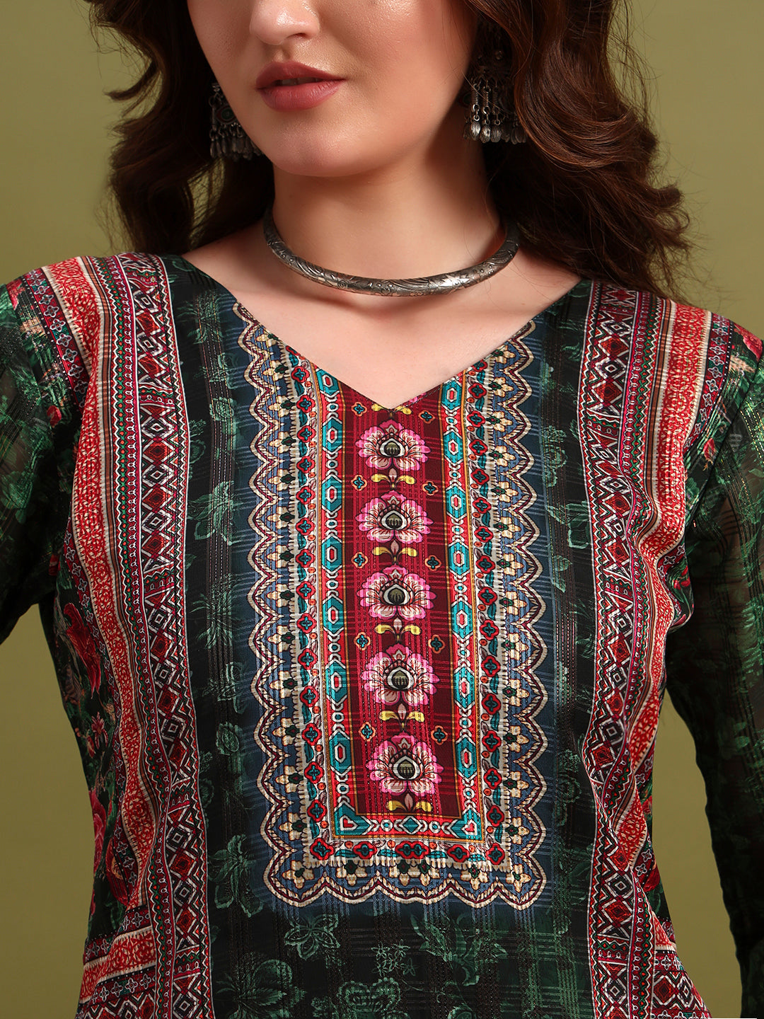 Women’s Green Printed Straight Kurta Set with Dupatta & Pants