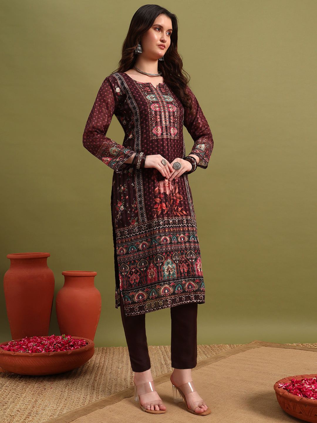 Women’s Maroon Printed Straight Kurta Set with Dupatta & Pants