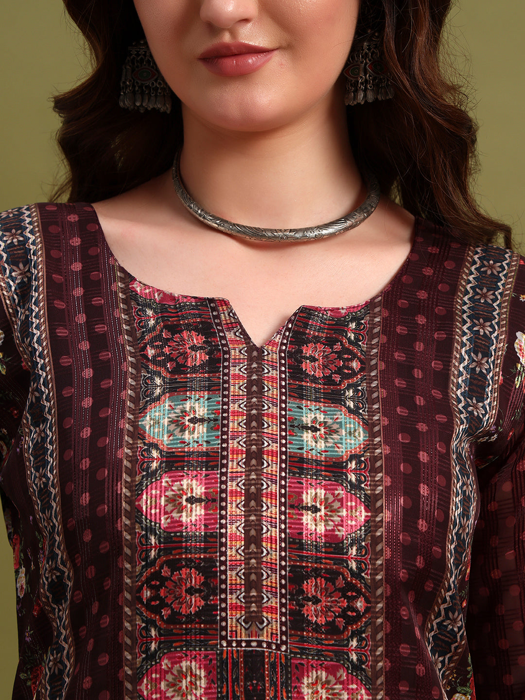 Women’s Maroon Printed Straight Kurta Set with Dupatta & Pants