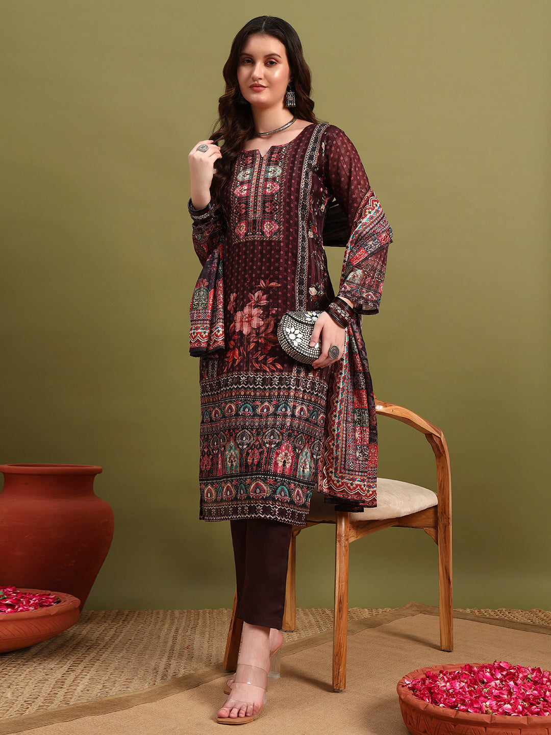 Women’s Maroon Printed Straight Kurta Set with Dupatta & Pants