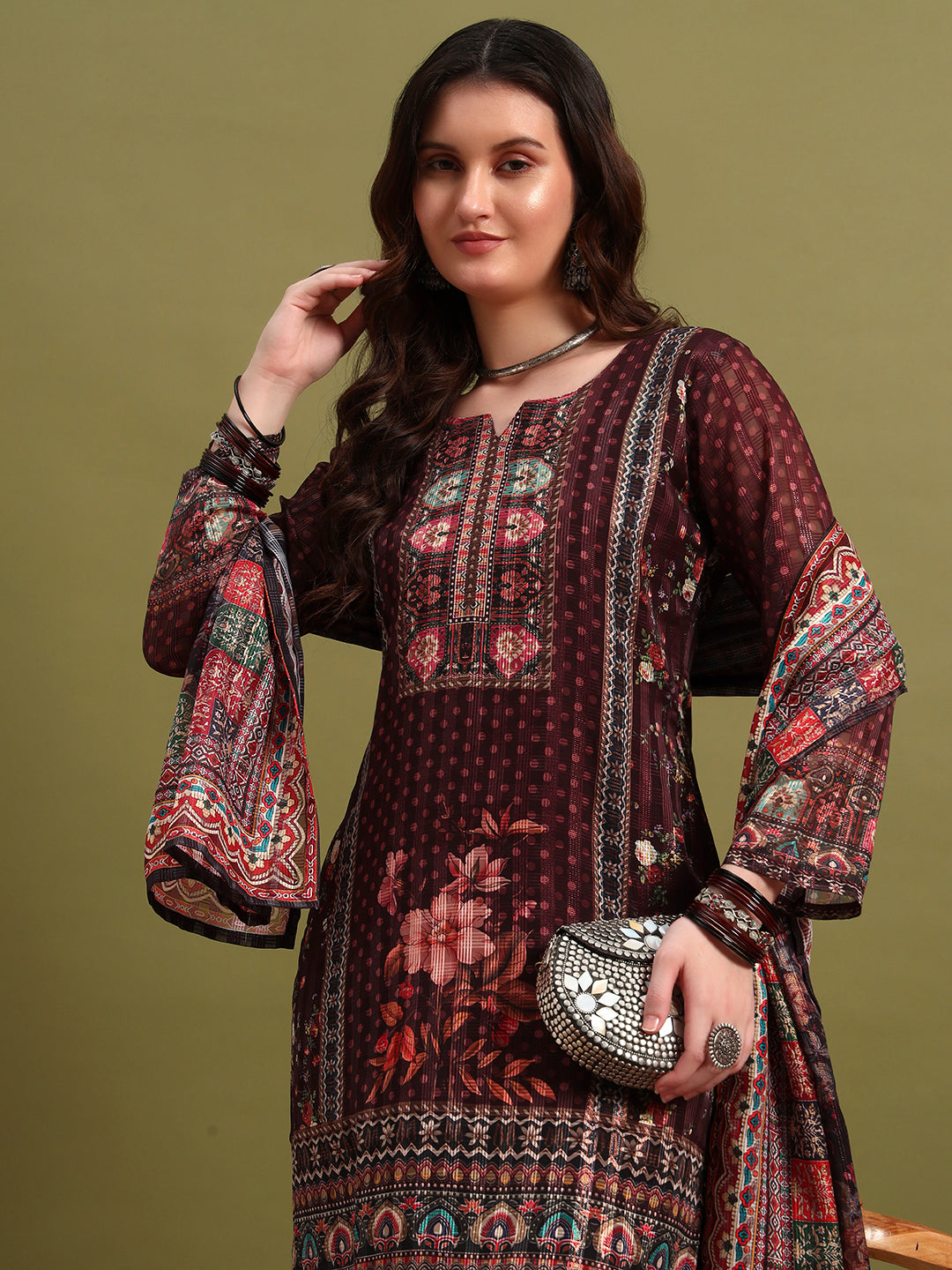 Women’s Maroon Printed Straight Kurta Set with Dupatta & Pants