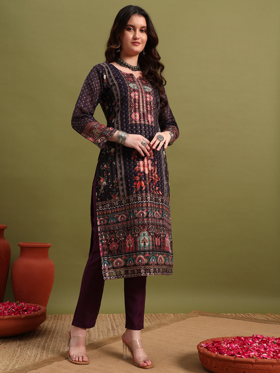 Women’s Purple Printed Straight Kurta Set with Dupatta & Pants