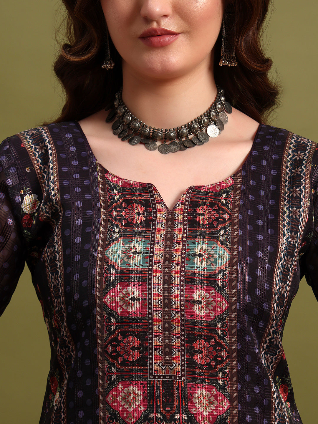 Women’s Purple Printed Straight Kurta Set with Dupatta & Pants