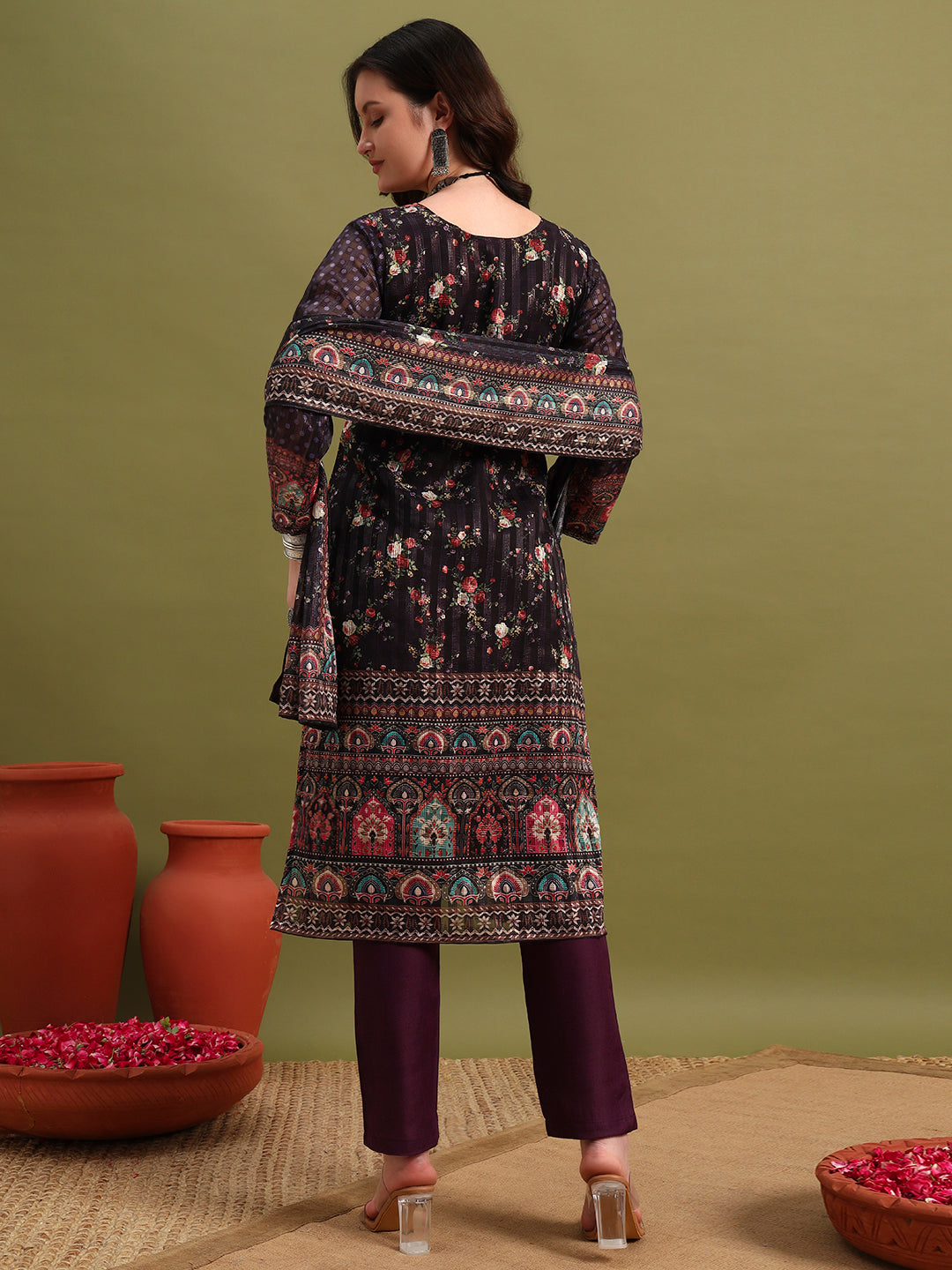 Women’s Purple Printed Straight Kurta Set with Dupatta & Pants