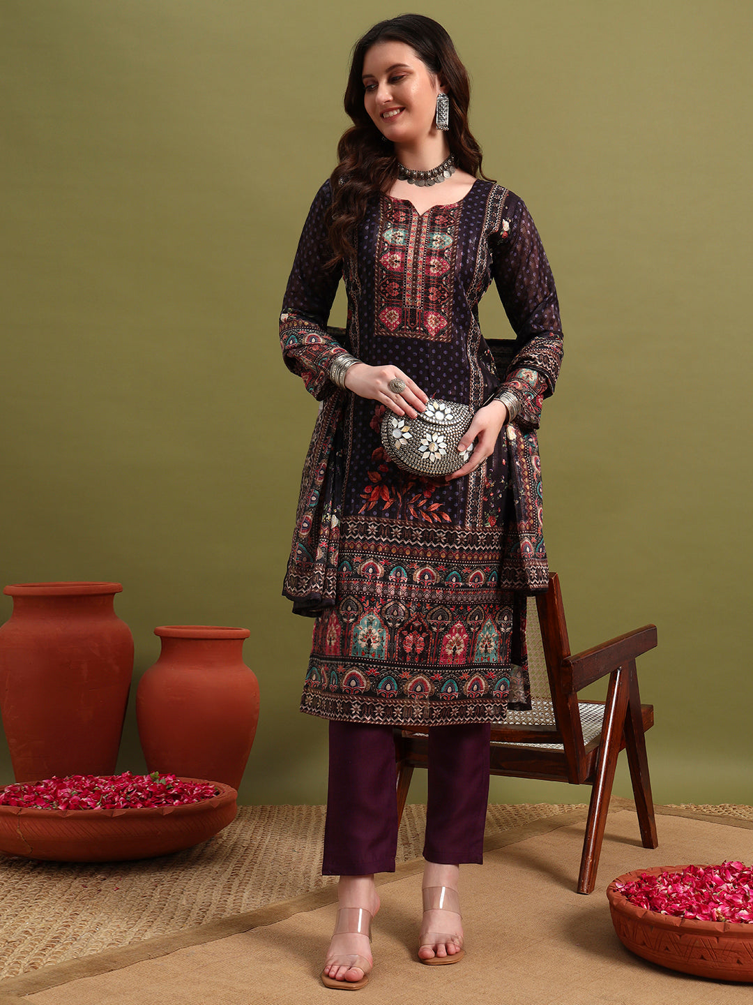 Women’s Purple Printed Straight Kurta Set with Dupatta & Pants