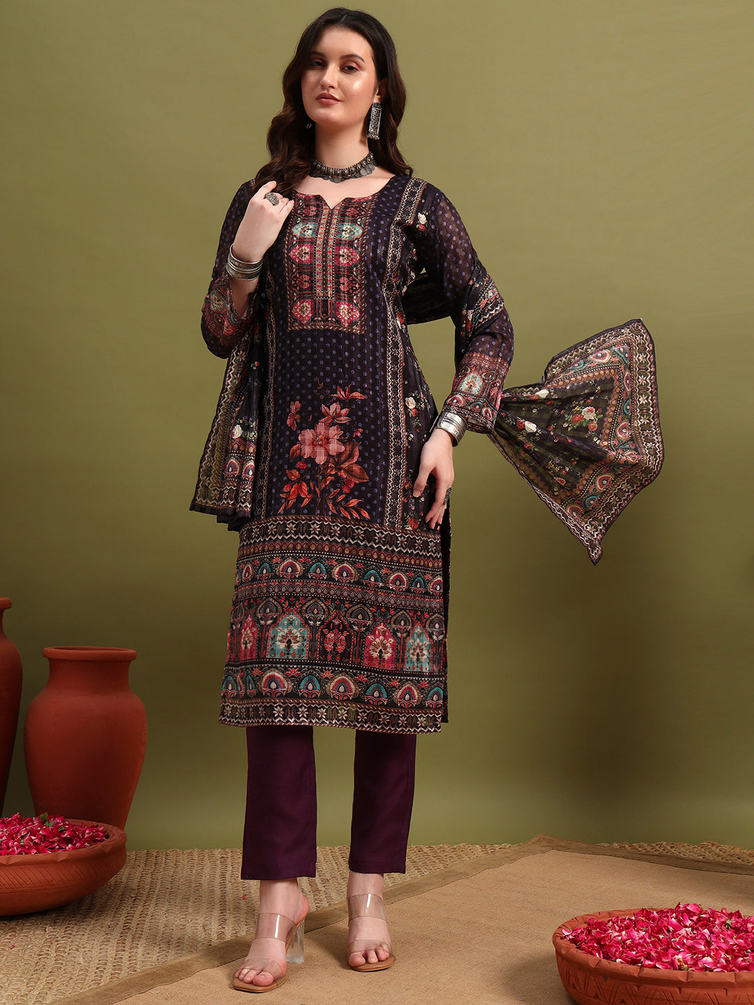 Women’s Purple Printed Straight Kurta Set with Dupatta & Pants