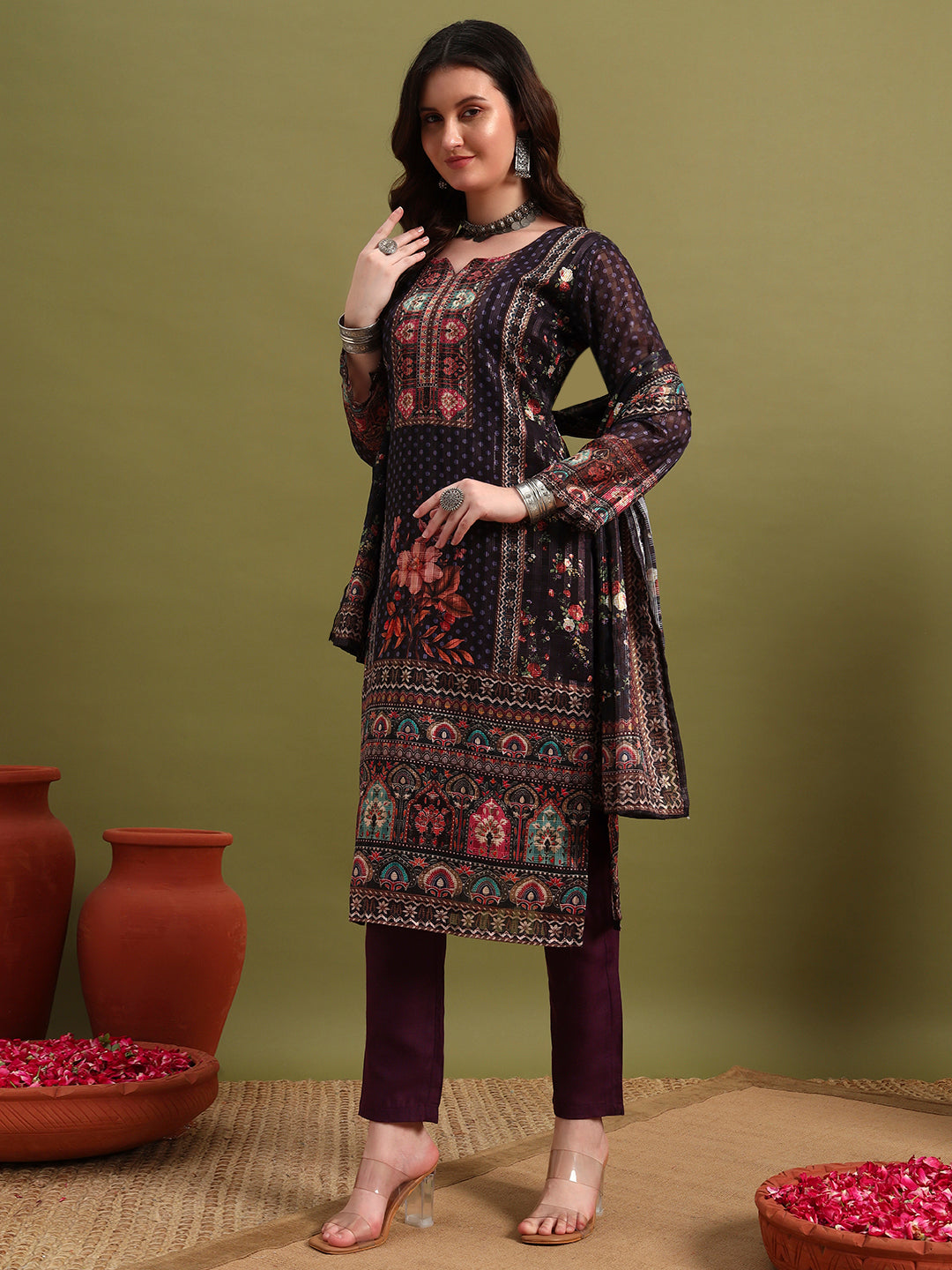 Women’s Purple Printed Straight Kurta Set with Dupatta & Pants
