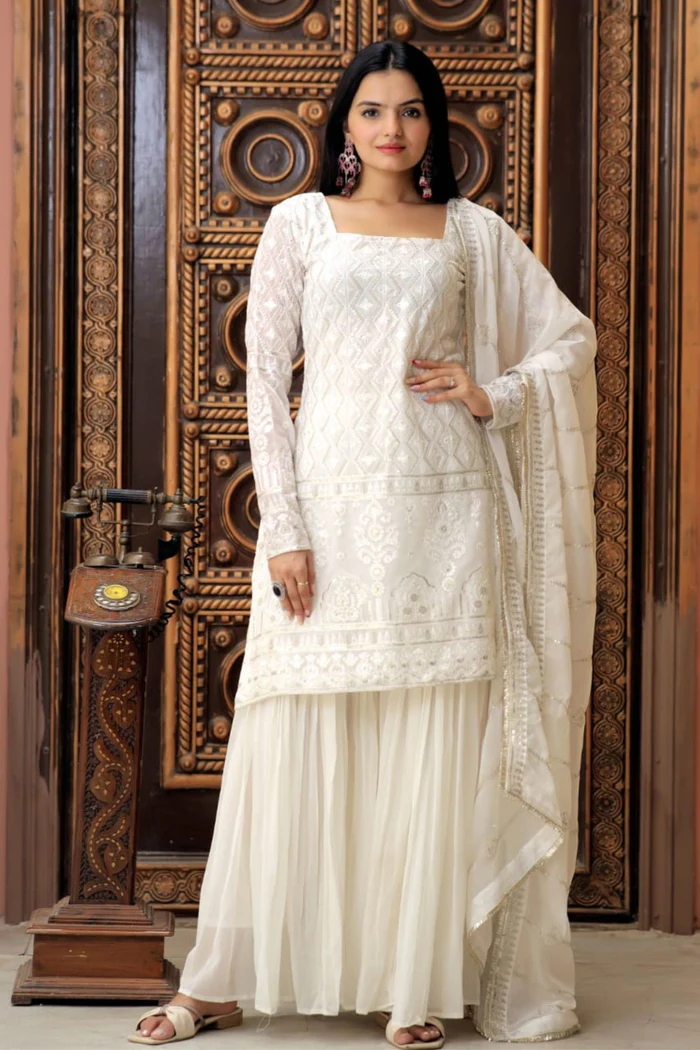 Party Wear Georgette White Sharara Suit