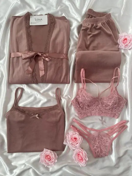 Women Pajamas 10 Pieces Sets Silk Satin Solid Pyjama Set Sexy Pajama with Pad Lace Night Suits Sleepwear Home Clothes My Store