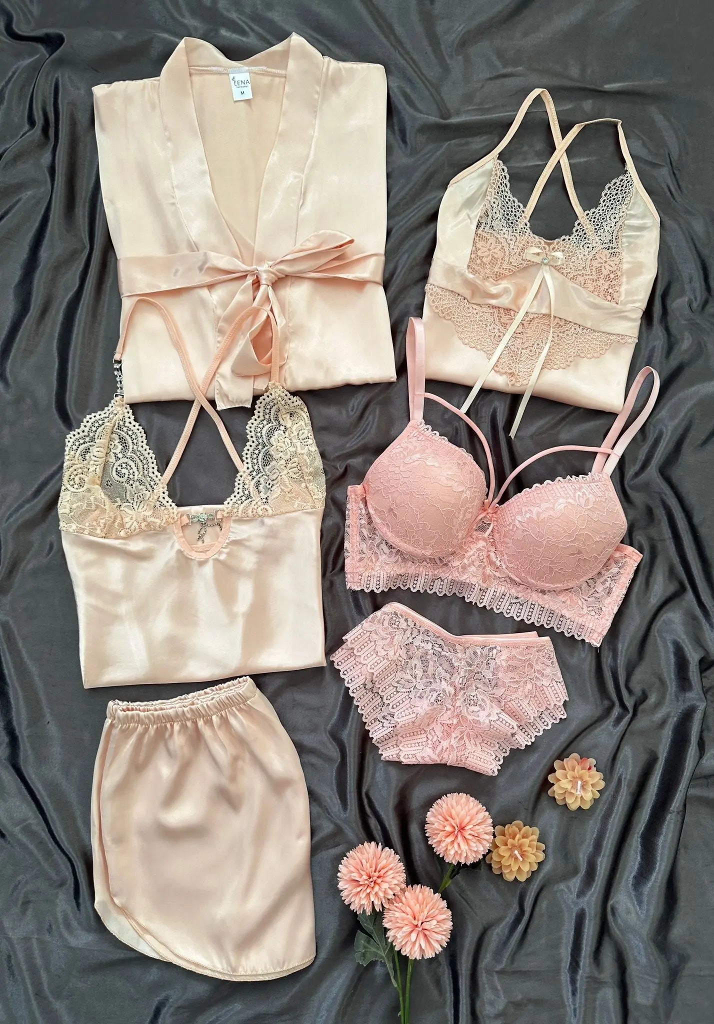 Women Pajamas Sets Silk Satin Solid Pyjama Set Sexy Pajama with Pad Lace Night Suits Sleepwear Home Clothes - My Store