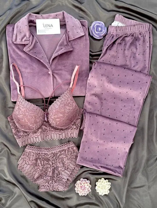 Women Pajamas 10 Pieces Sets Silk Satin Solid Pyjama Set Sexy Pajama with Pad Lace Night Suits Sleepwear Home Clothes My Store