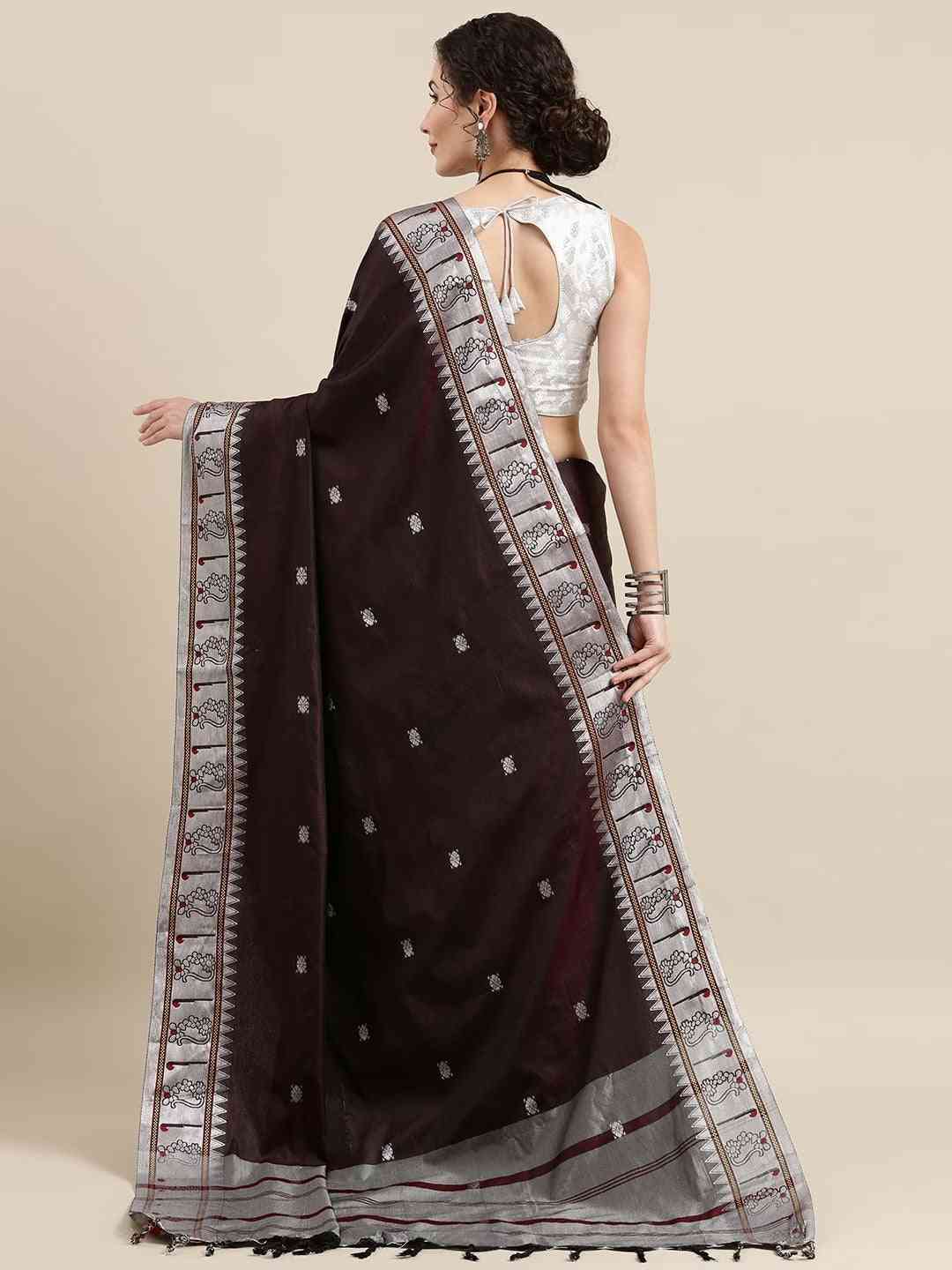 Brown Zari Silk Cotton Paithani Saree by My Store