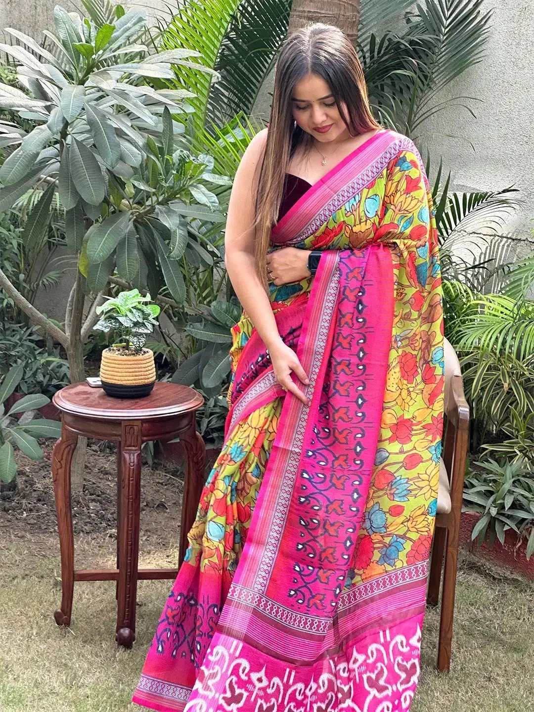 Floral Ikkat Printed Party Wear Saree by My Store