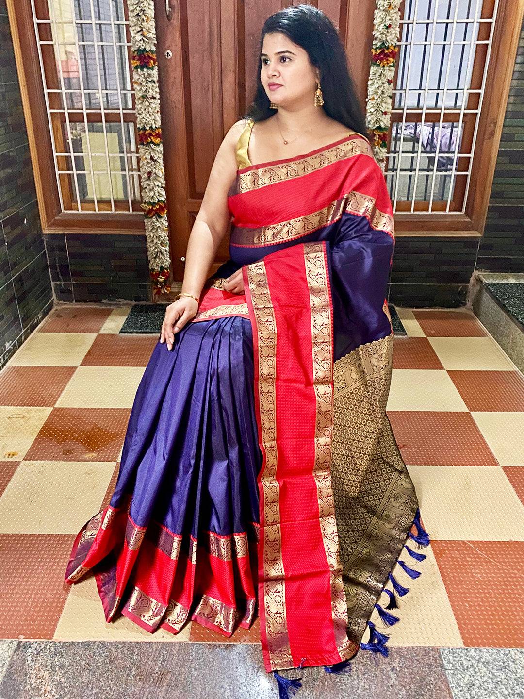 Navy Blue Elegance Kanchi Zari Silk Saree by My Store