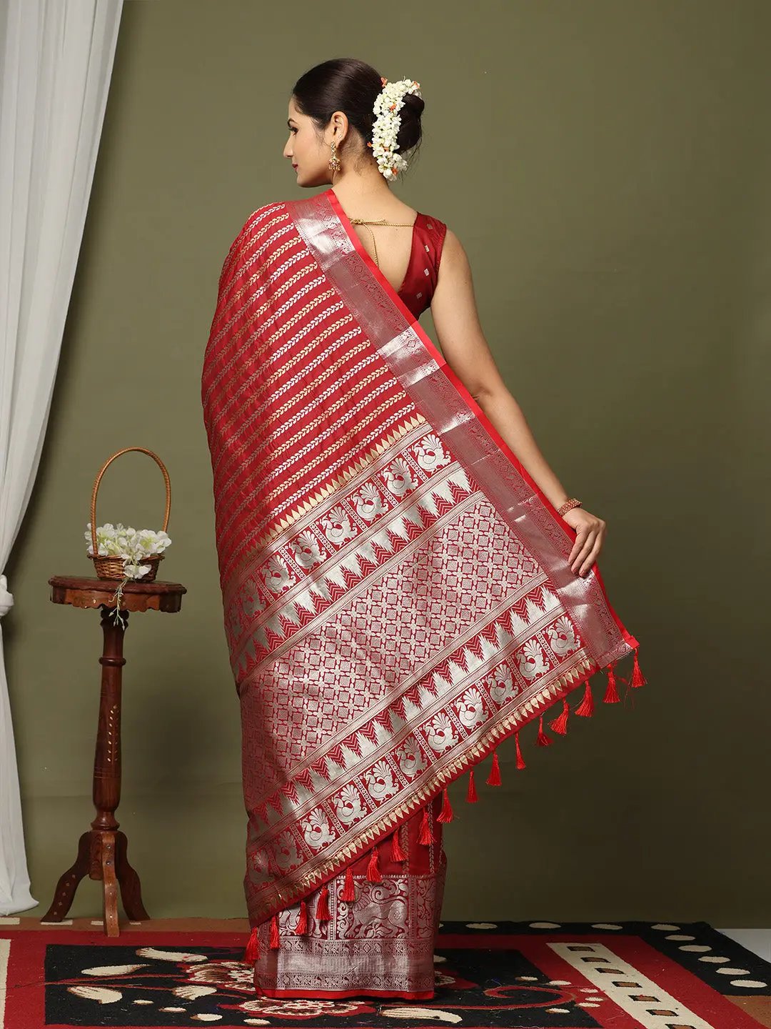 Striped Woven Design Zari Silk Blend Kanjivaram Saree by My Store