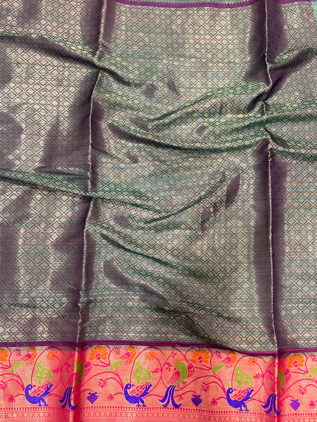 Teal Kora Muslin Kalamkari Floral Print Saree by My Store