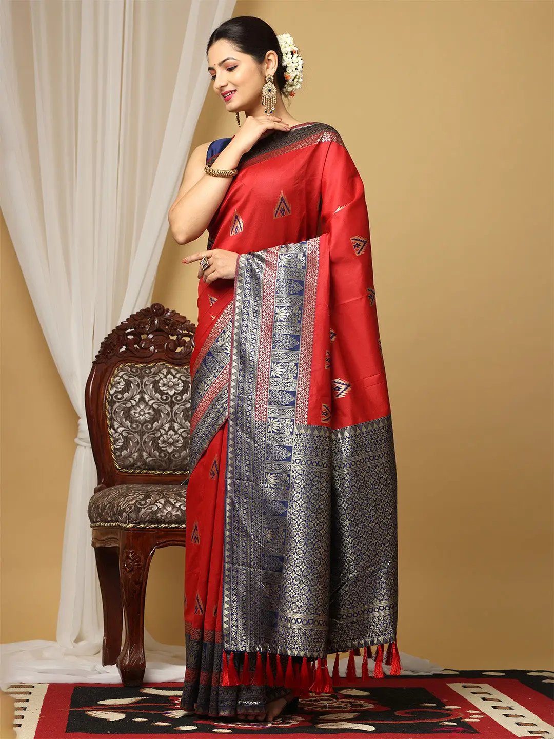 Red Banarasi Katan Silk Festive Wear Saree by My Store