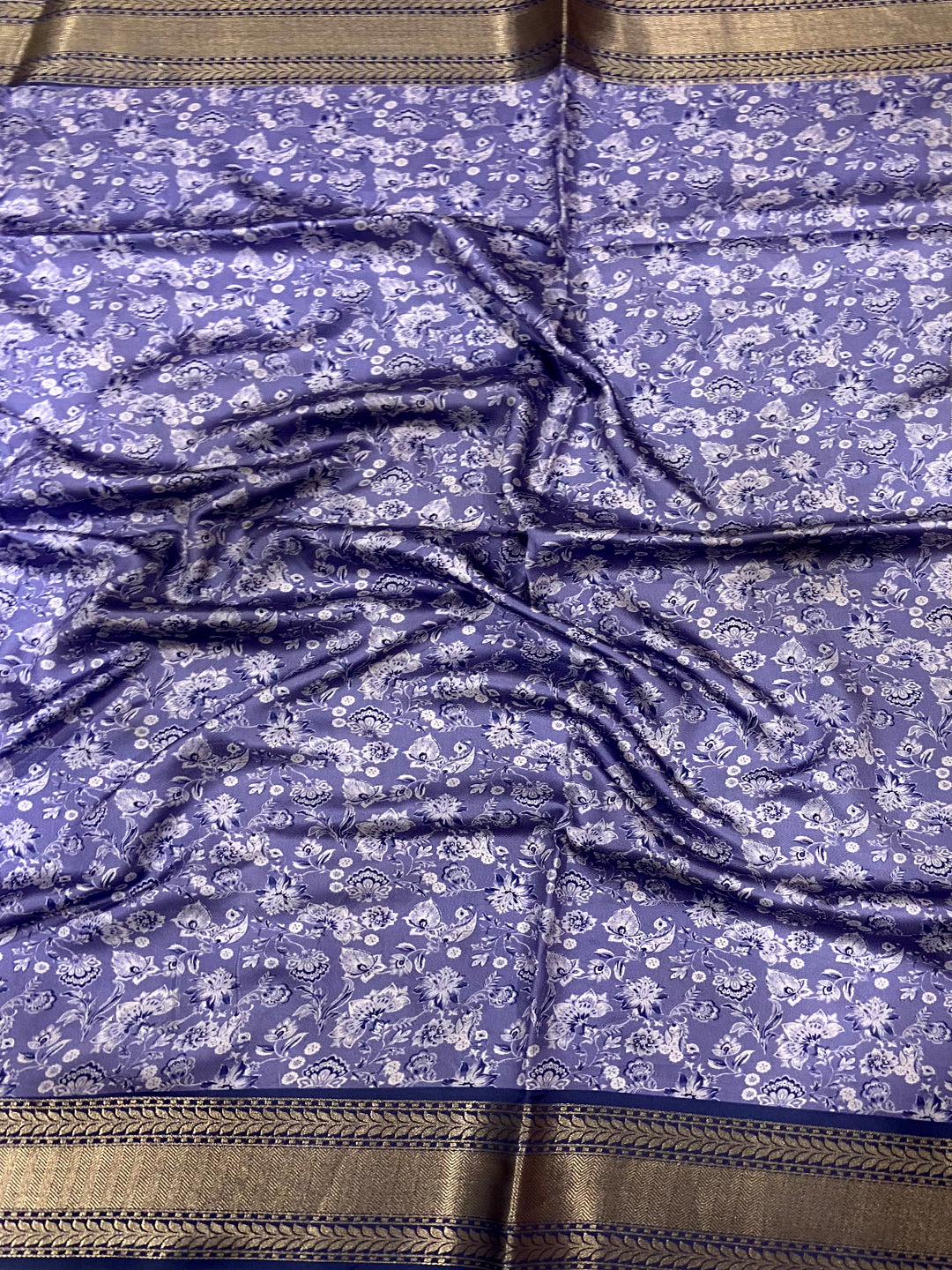 Royal Blue Mughal Kalamkari Print Pashmina Saree by My Store