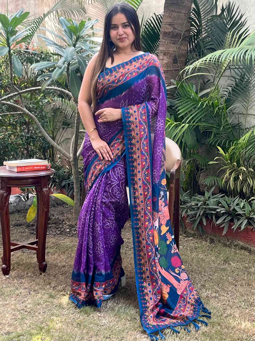 Purple Linen Bandhej Kalamkari Print Saree